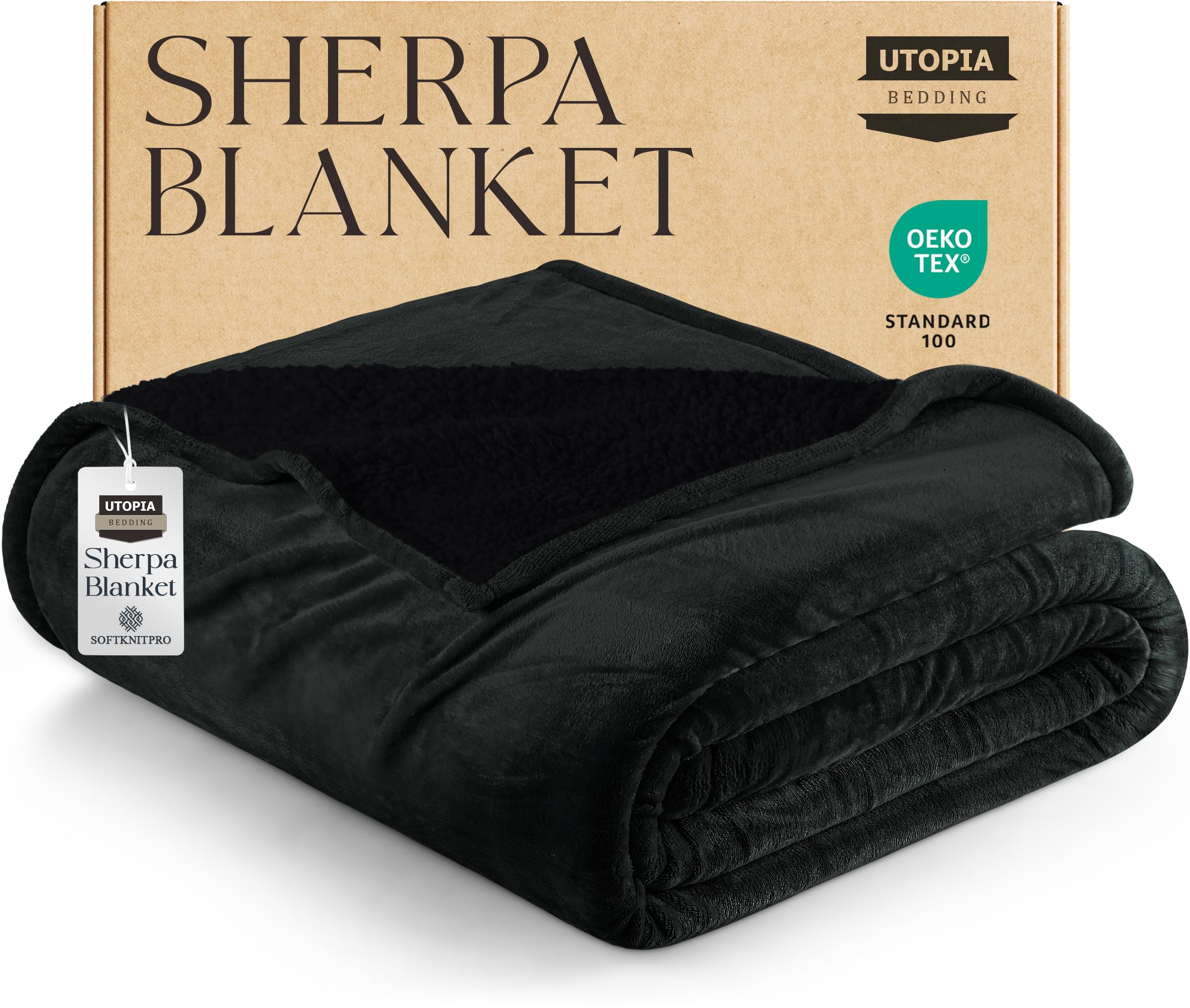 Utopia Bedding Sherpa Blanket Queen Size (Black, 90x90 Inches) - Soft Lightweight Plush Fleece Reversible Blanket for Bed, Sofa, Couch, Camping and Travel
