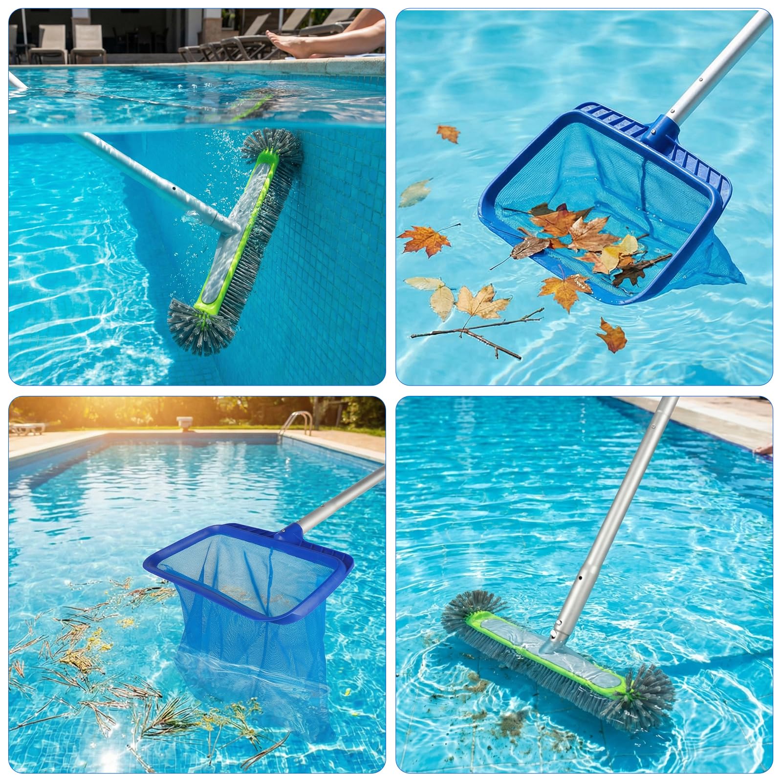 Kit de Nettoyage pour Piscine avec Brosse Ronde, Manche en Aluminium de 169 cm et Filet de Piscine, Ensemble Professionnel pour Nettoyage Efficace