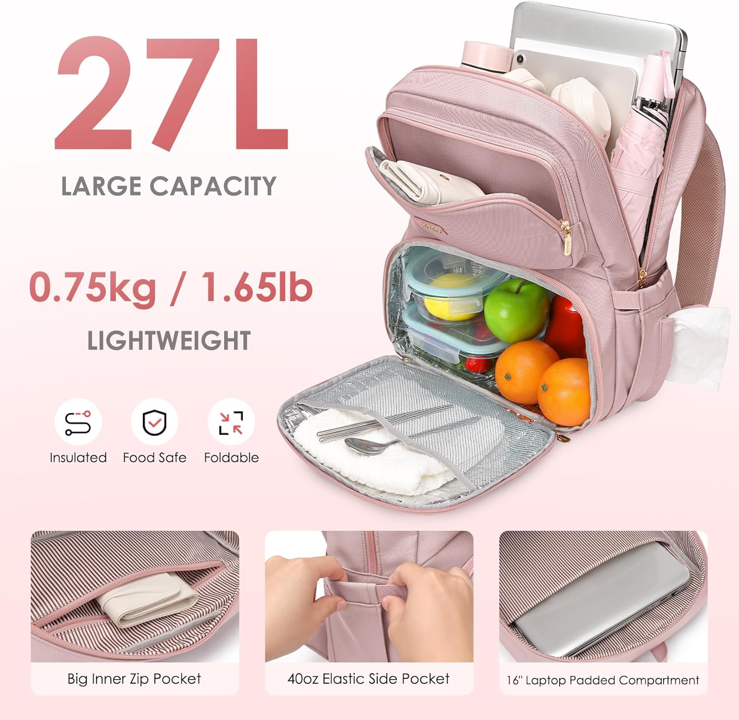 Lunch Backpack for Women Men, 16 Inch Laptop Backpack with Lunch Compartment, Water Resistant Lunchbox Back Pack Meal Prep Cooler Bags Insulated for Nurse Work Teacher Travel - Image 5