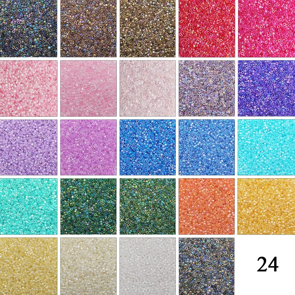 INSPIRELLE Uniform 120 gramów 12/0 (2 mm) cylindryczne szklane koraliki z nasionami do tworzenia biżuterii, 24 kolorowe przezroczyste kolory AB