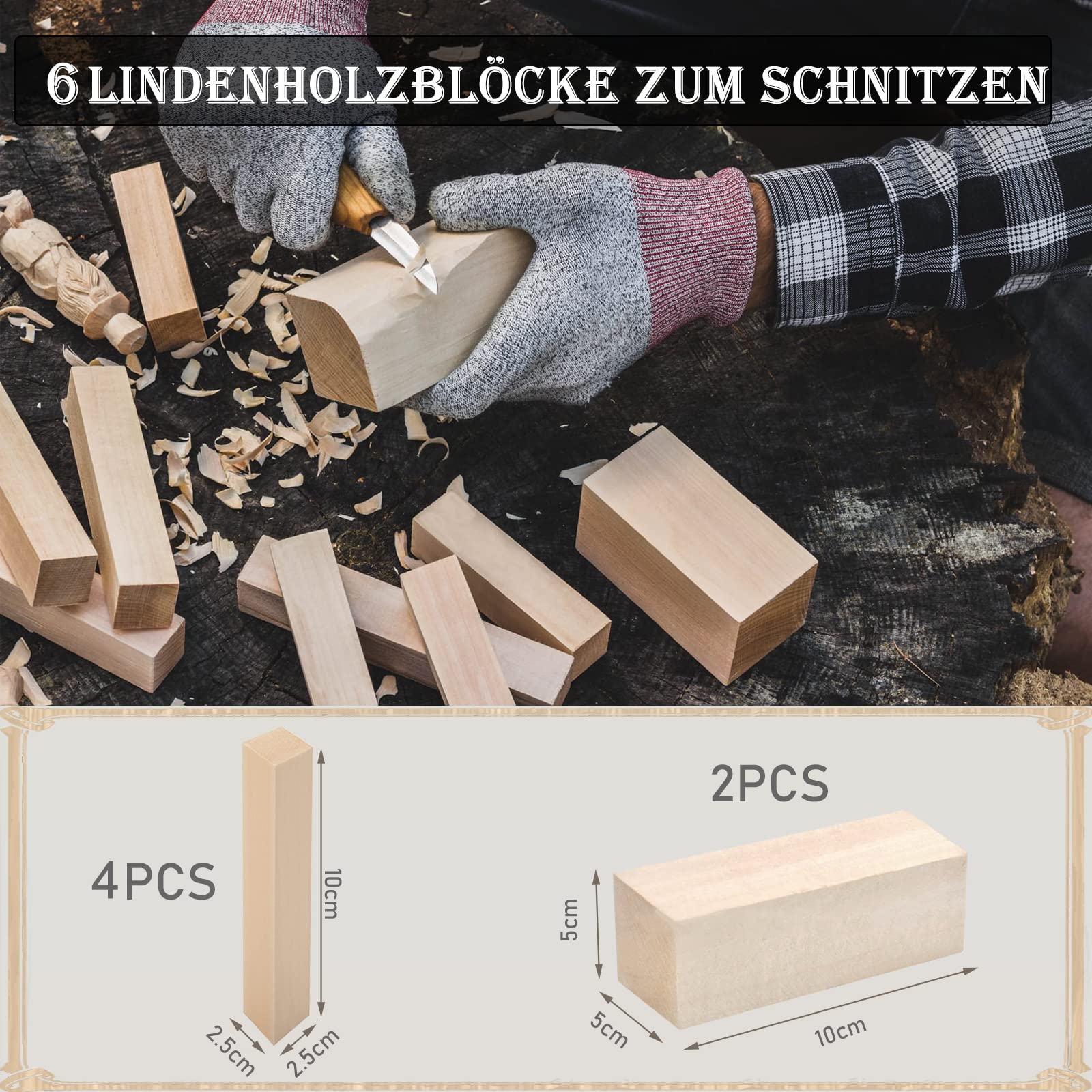 KAQ - Juego de herramientas para tallar madera 32 en 1 con 15 cuchillos para tallar, 6 unidades de madera de tilo para tallar, piedra de afilar y guantes resistentes a los cortes, juego de
