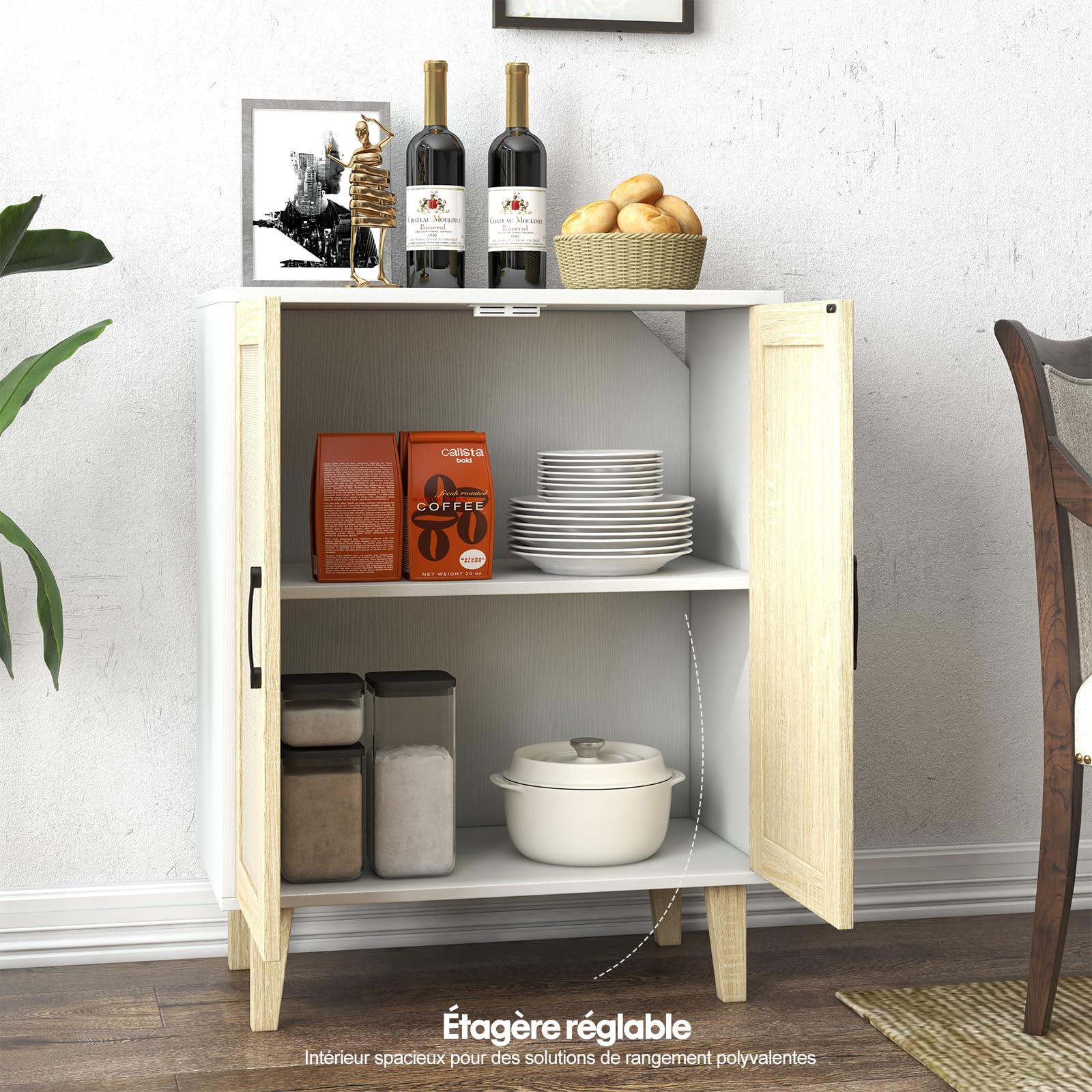 Panana Meuble de Rangement en Rotin et MDF, Buffets Haut Aspect sur Salon, Chambre, 69 x 38 x 88 cm (Blanc et Bois), MEFRSB57
