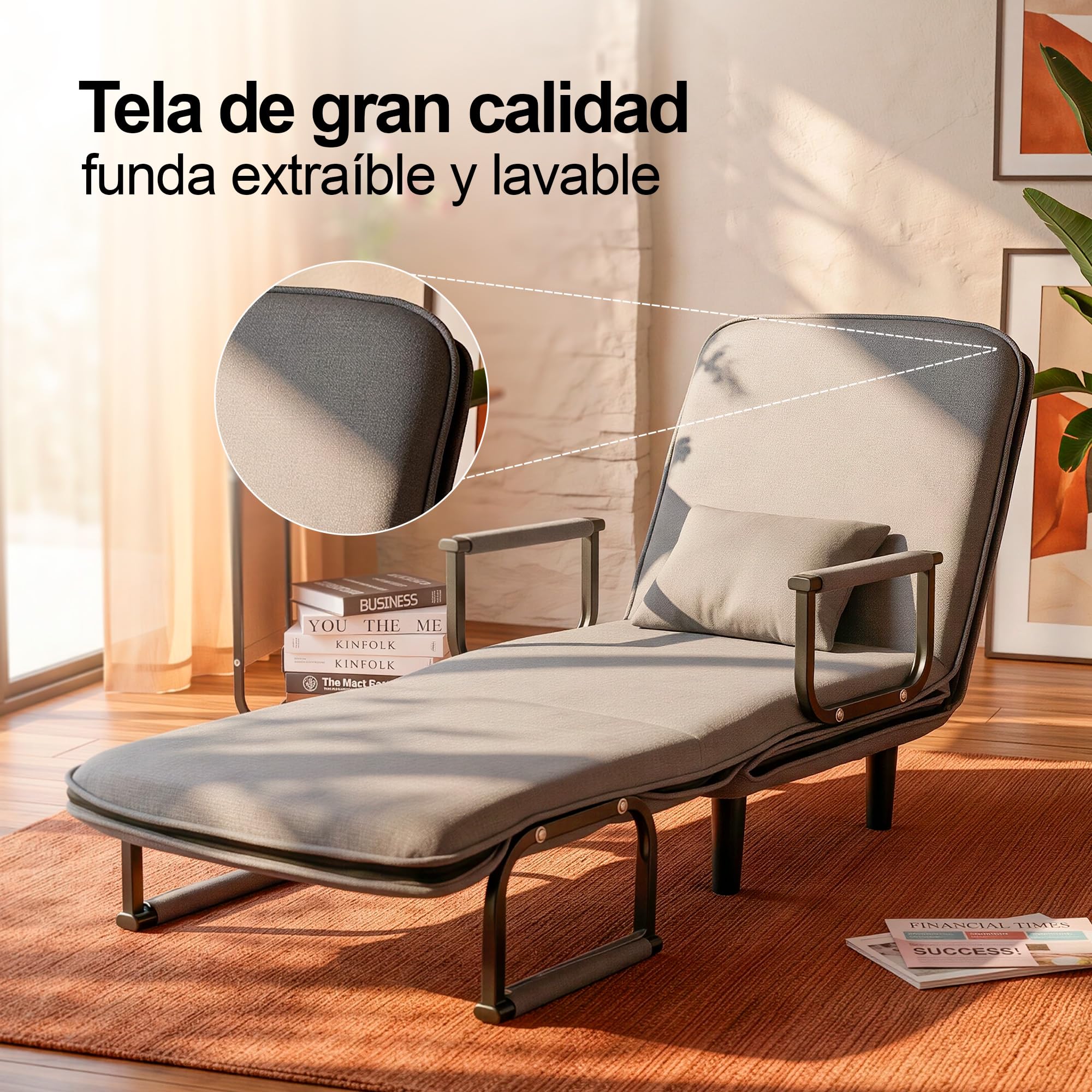 Unicview Sillón Sofá Cama Convertible 3 en 1, Sofá Reclinable, Sofá Individual Que se Convierte en Cama 190 cm Largo 65 cm Ancho, con Reposabrazos y Cojín, Ideal para Salón o Invitados, Gris