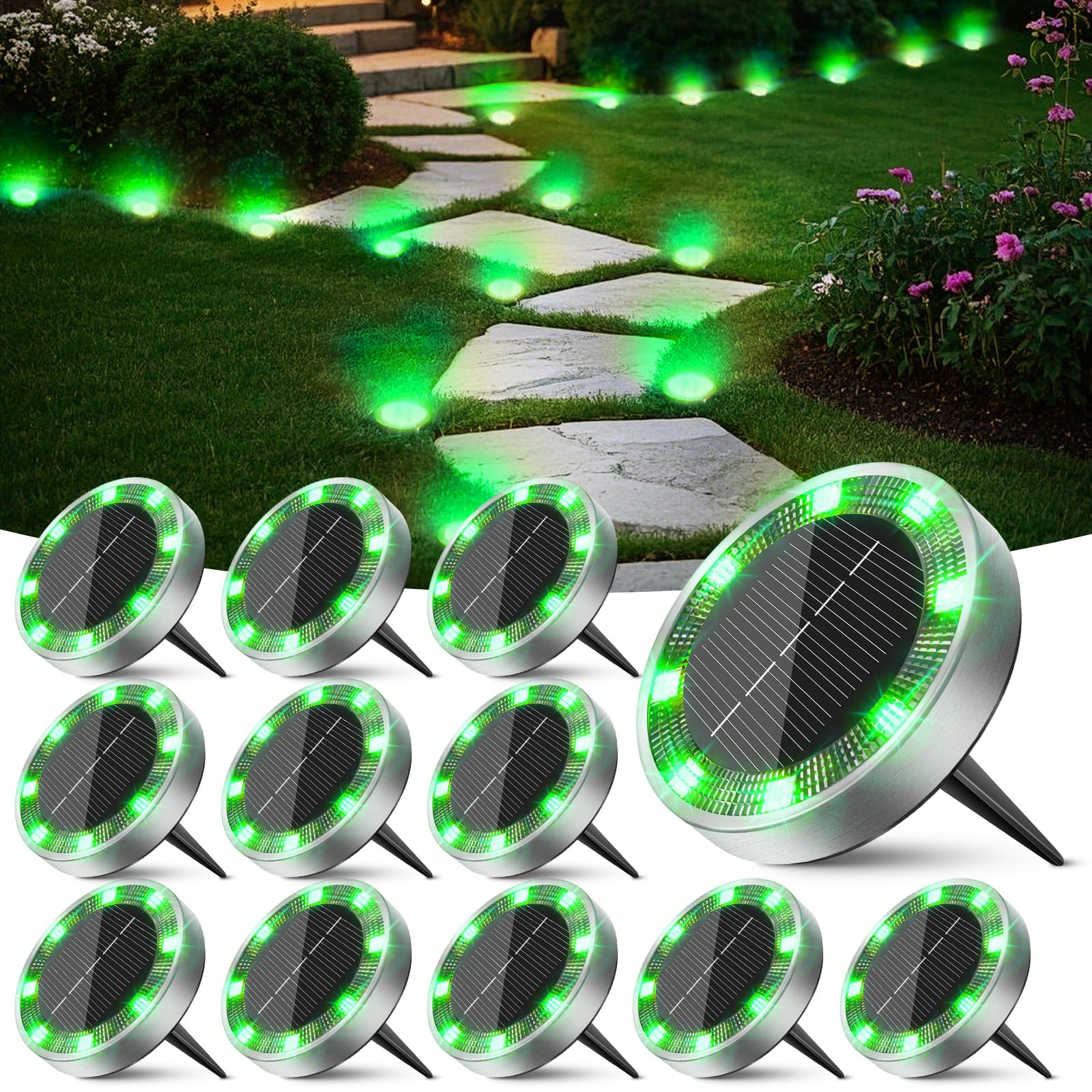 Peasur Lámparas solares de suelo para exteriores, 12 unidades, 8 LED, color verde, lámparas solares para exterior, jardín, resistentes a la intemperie, iluminación solar para camino, césped, pasarela