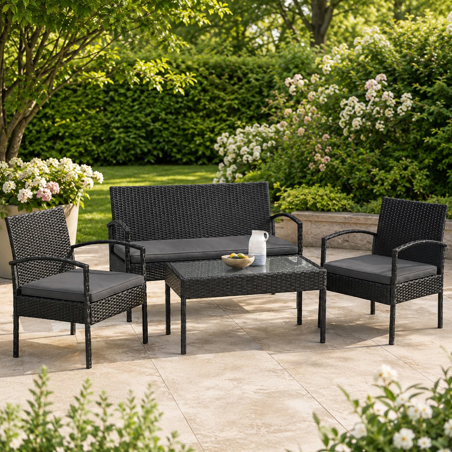 Juskys Polyrattan Gartenmöbel Set Trinidad mit Tisch, Sofa & 2 Stühlen - 4 Personen - Sitzkissen grau - Balkonmöbel Sitzgruppe Balkonset Garten Balkon