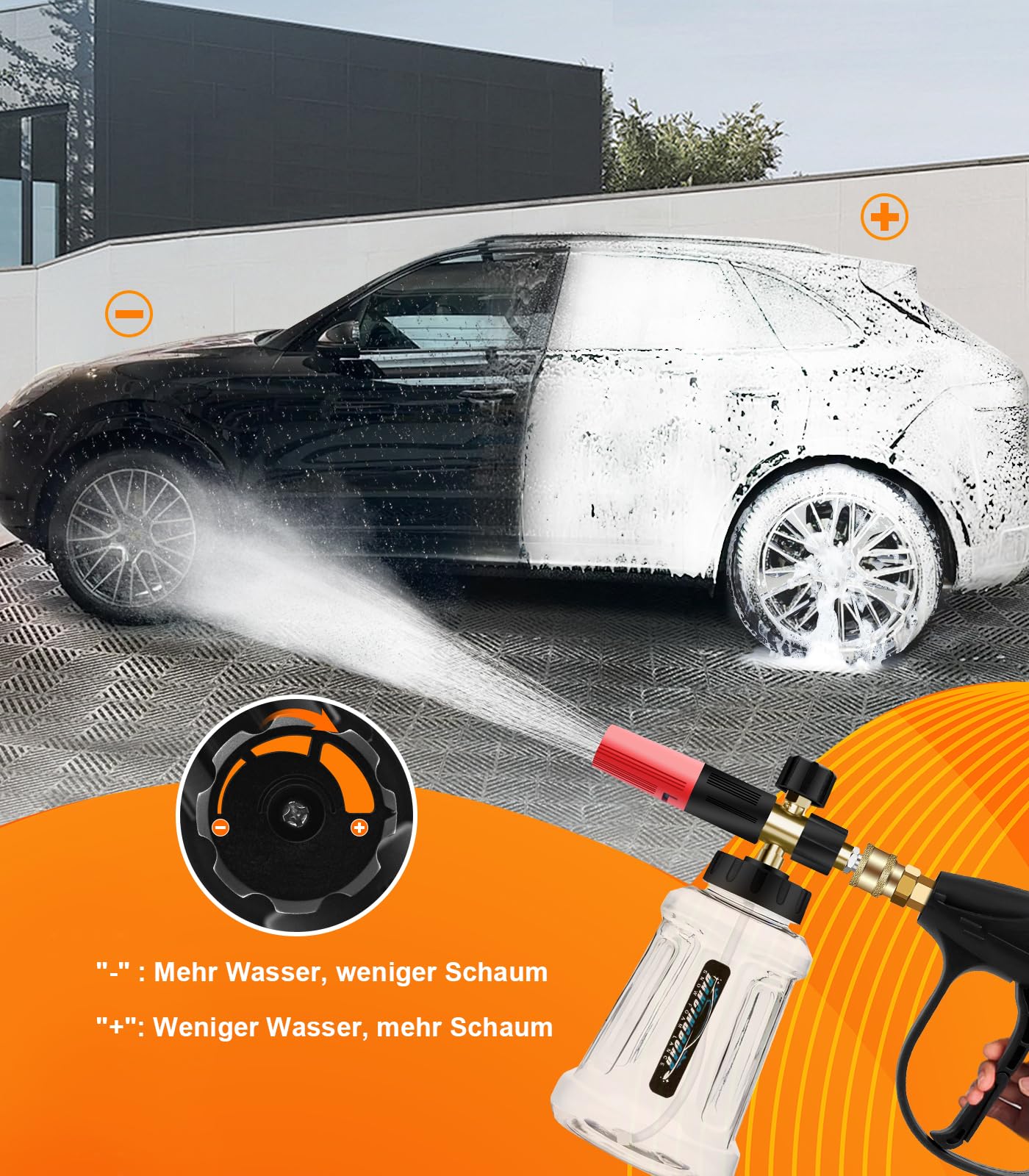 Verbesserte Schaumkanone Schneeschaumlanze, 1L Einstellbare Schaumlanze Schaumdüse mit 1/4 Schnellanschluss für Hochdruckreiniger Schaumpistole Autowäsche (Schwarz & Rot)