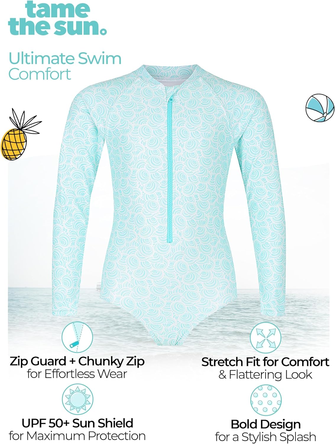Tame the Sun Long Sleeve Girls' Swimsuit - Rash Guard with Frills, UPF 50+ Zipper Swimwear - Bathing Suit for Ages 3-12