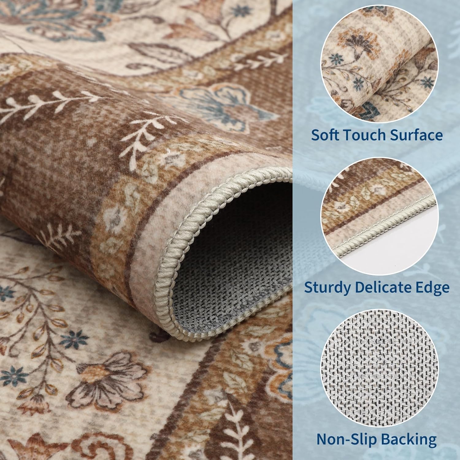 GarveeHome 2x6 Washable Runner Rug for Bedroom, Soft Botanical Floral Kitchen Runner with Non Slip Backing Brown Farmhouse Laundry Mat Stain Resistant Carpet for Hallway Bathroom Beside Rug