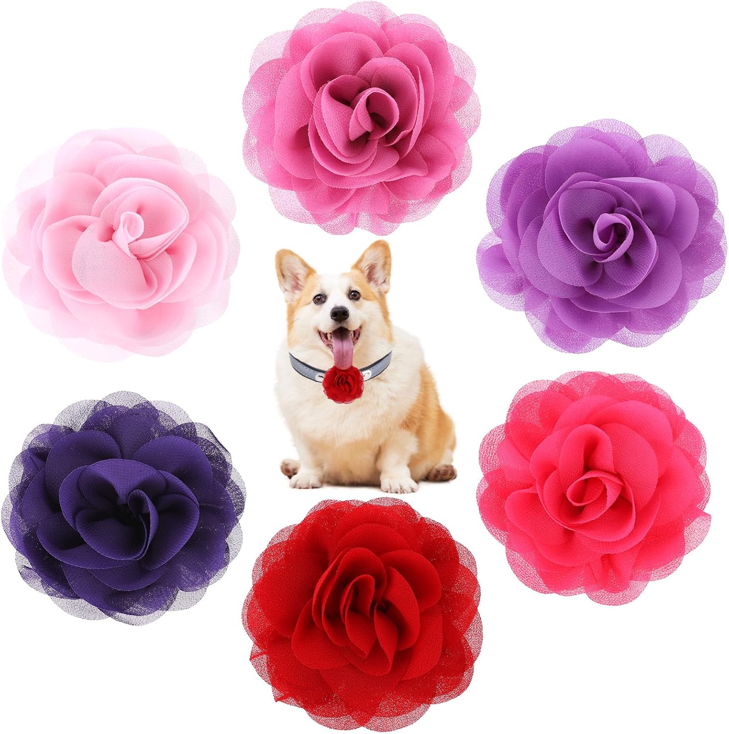 6 PCS Dog Collar Flower, Multi-Color Dog Flowers Collar, Fancy Pet Collar Accessories for Female Small Medium Dogs, Soft Pet Flower Bow Ties, Pet Collar Flowers Charms for Wedding, Birthday, Party