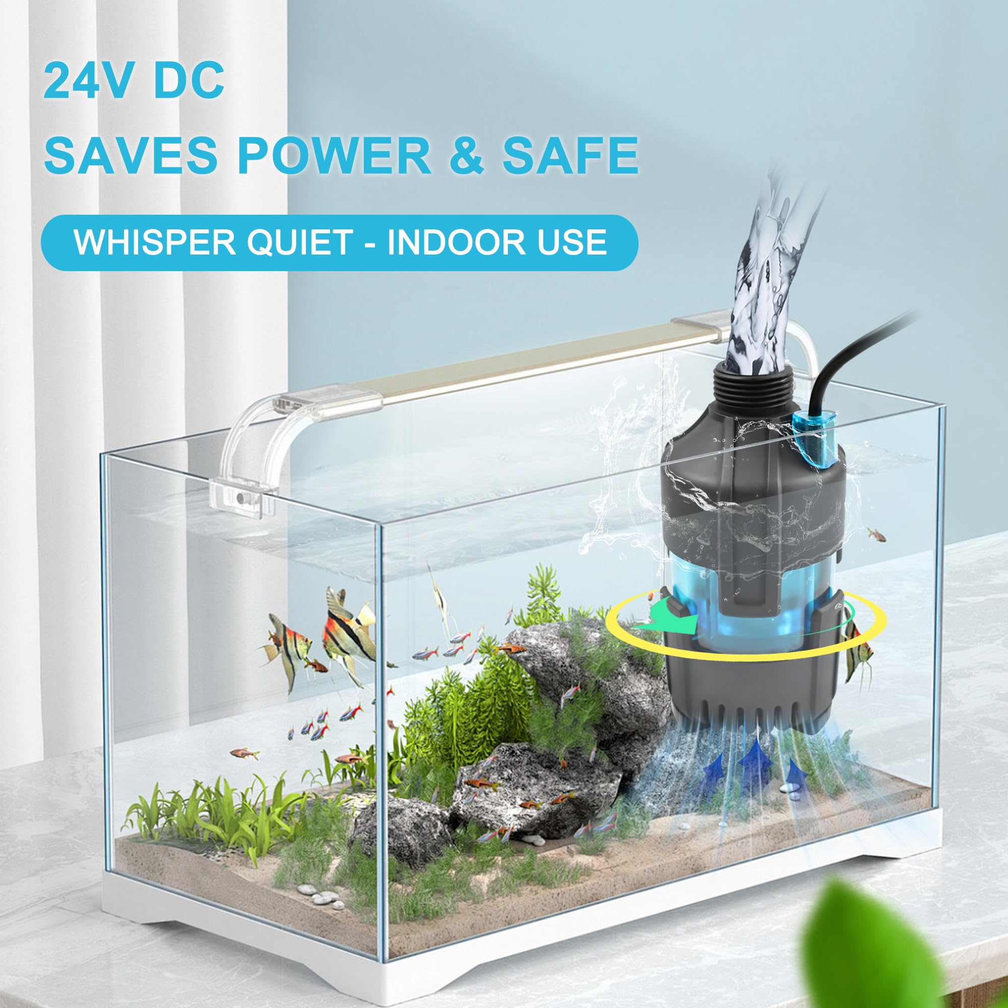 CONQUERALL CH-20 DC 24V Bomba de agua de succión inferior para acuario 500GPH Bomba sumergible de ahorro de energía de 15 pies para filtración de circulación de peceras