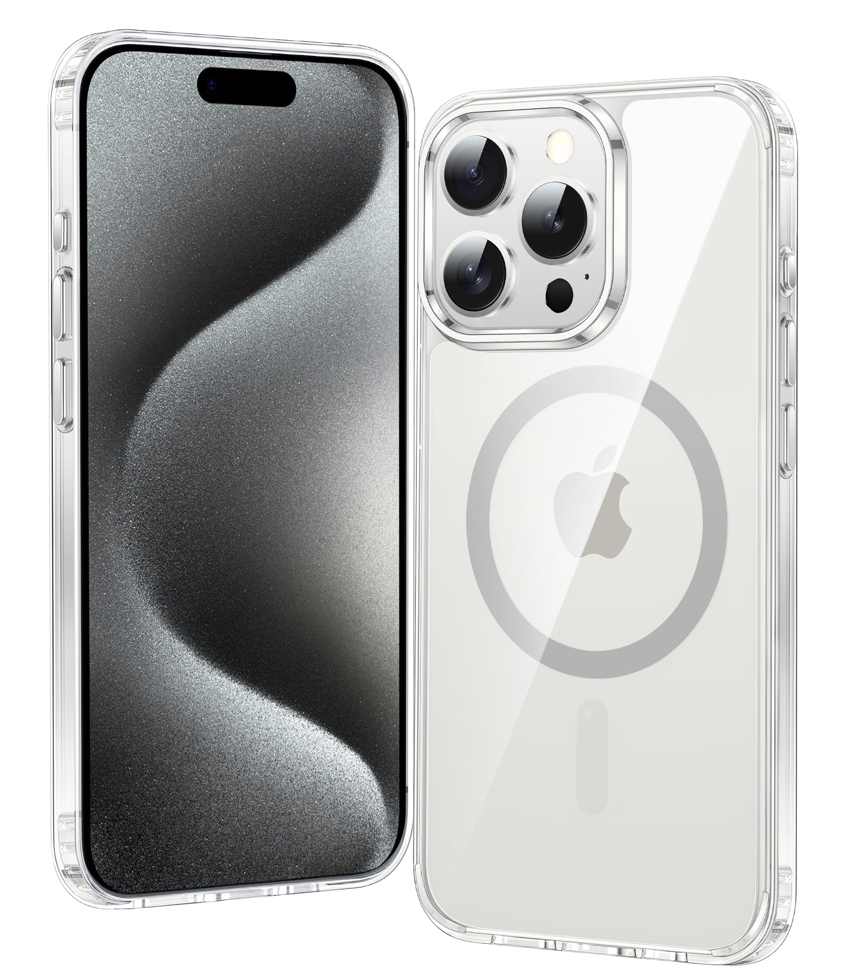 FNTCASE for iPhone 15-Pro Magnetic Case: Clear Military Grade Drop Protection Anti Yellowing Cell Phone Cover - Rugged Shockproof Protective Bumper Transparent Phonecase(Light Grey)