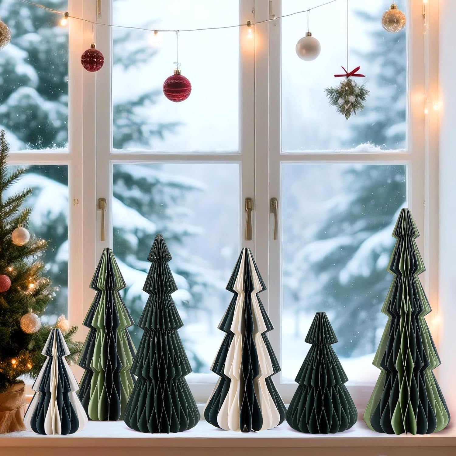 SUNBEAUTY 6PCS Honeycomb Christmas Trees Vintage Paper Christmas Tree Decor 3D Honeycomb Trees Table Centerpiece for Xmas New Year Holiday Party Home Decor (Green, White)