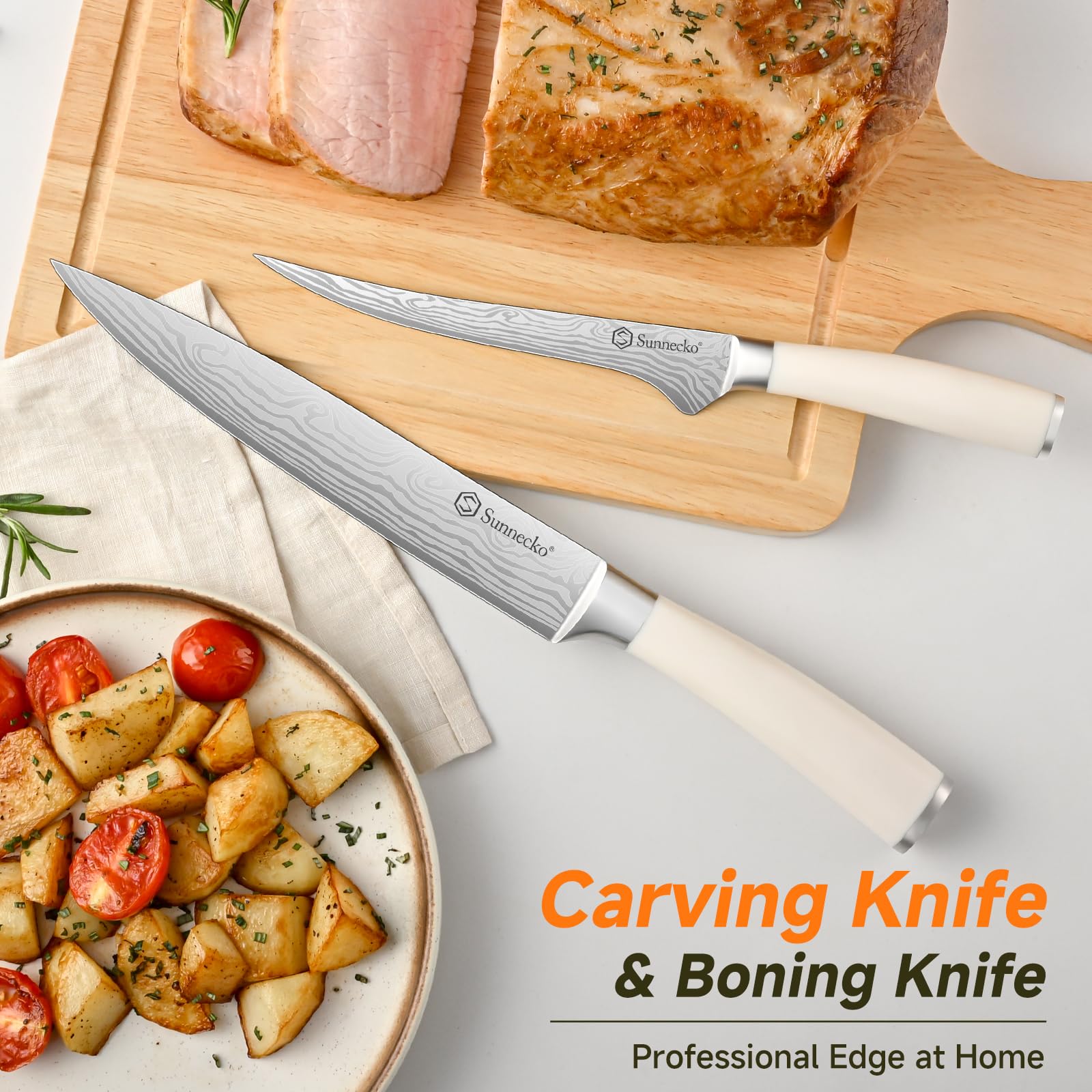 Sunnecko Knife Set with Block and Sharpener, 15 Piece Kitchen Knife Block Set Sharp Kitchen Knives High Carbon Stainless Steel with White Handles