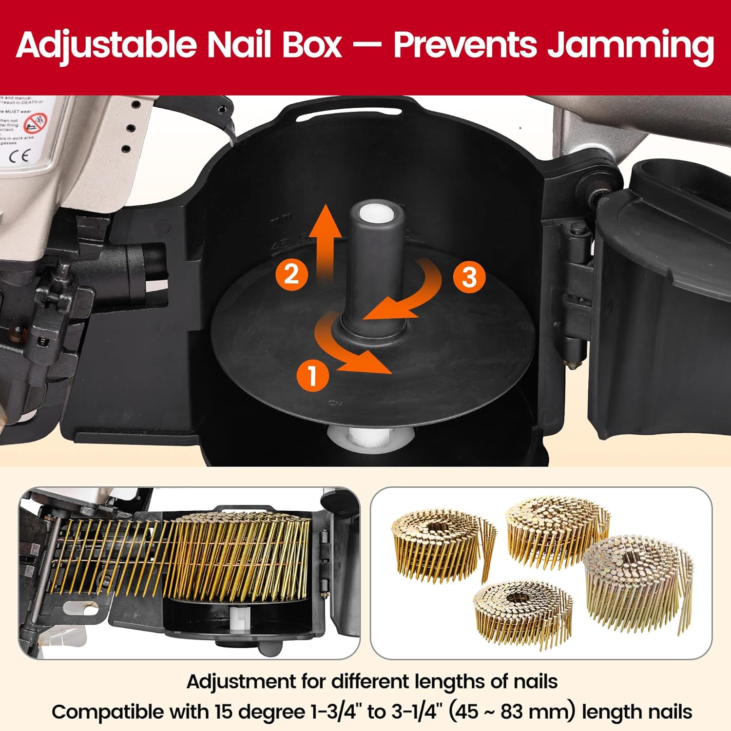 meite CN90 Coil Nailer Pneumatic Nail Gun 15 degree 2-1/4" to 3-1/2" (57-90 mm) Coil Nails, Heavy Duty Coil Nail Gun with Tool-free Nail Adjustment for Hardwood Pallets Framing Sheathing Decking