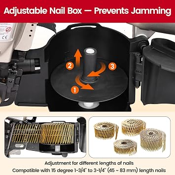 meite CN90 Coil Nailer Pneumatic Nail Gun 15 degree 2-1/4 to 3-1/2 (57-90 mm) Coil Nails, Heavy Duty Coil Nail Gun with Tool-free Nail Adjustment for Hardwood Pallets Framing Sheathing Decking