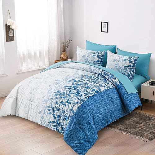 Miniatura 2 de Juego de edredón azul Queen con hojas botánicas en una bolsa, juego de edredón de 7 piezas con sábanas, juego de ropa de cama floral de microfibra