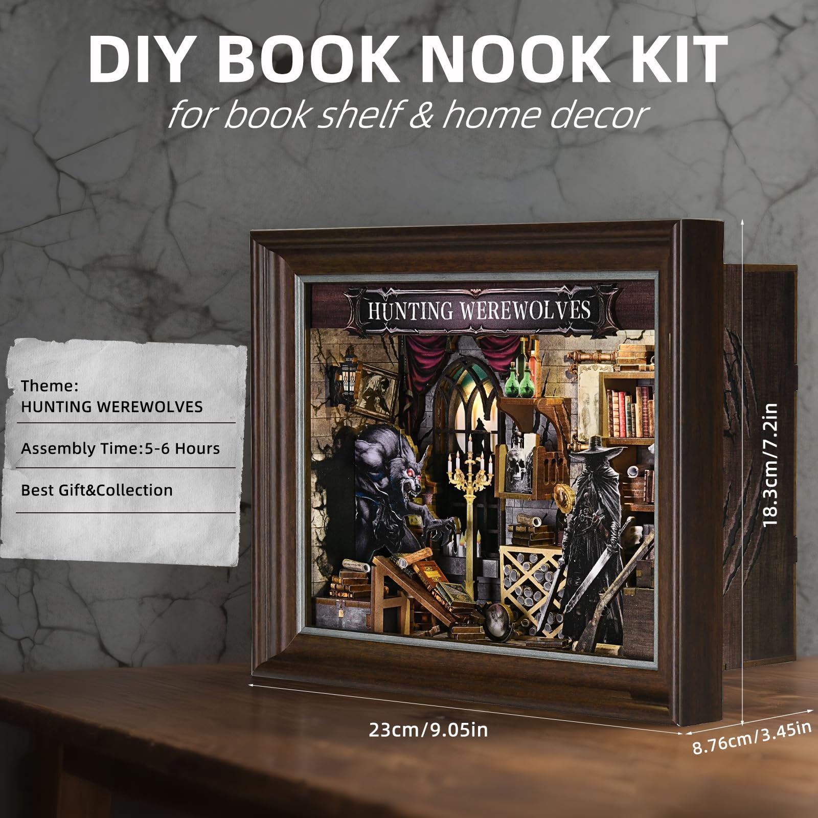 Book Nook Kit, Bilderrahmen Booknook Wandhalter 3D Puzzle Buchstützen | Miniatur Puppenhaus Bausatz DIY Holzpuzzle mit LED Licht, zur Bücherregals Zuhause Dekoration für Kreative Geschenk