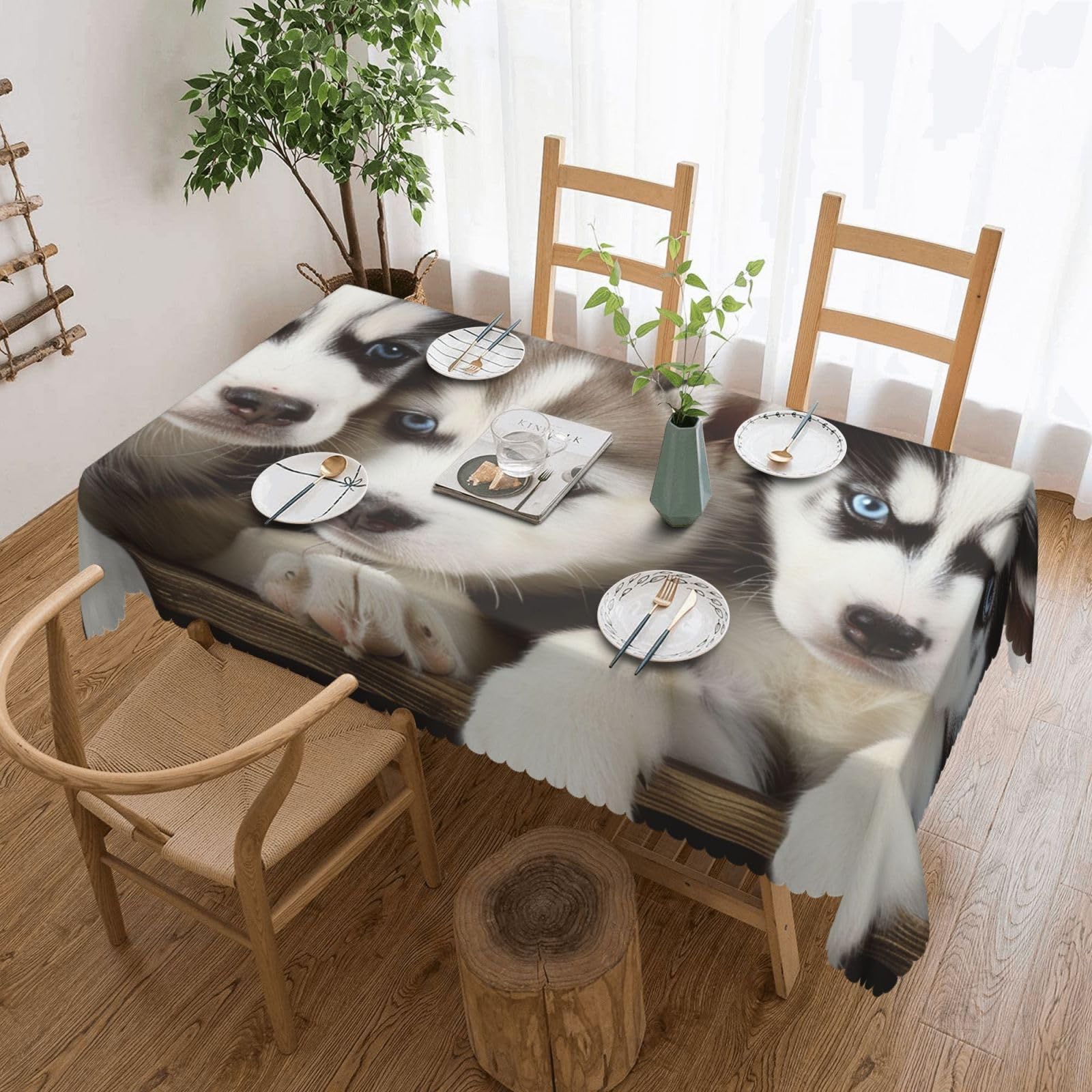 WPKJU Husky Puppies Dogs Printed Rectangle Tablecloth 72x54 Inch with Lace Trim, Water-Resistant Washable Table Cover for Farmhouse Weddings, Outdoor Picnics & Holiday Dining
