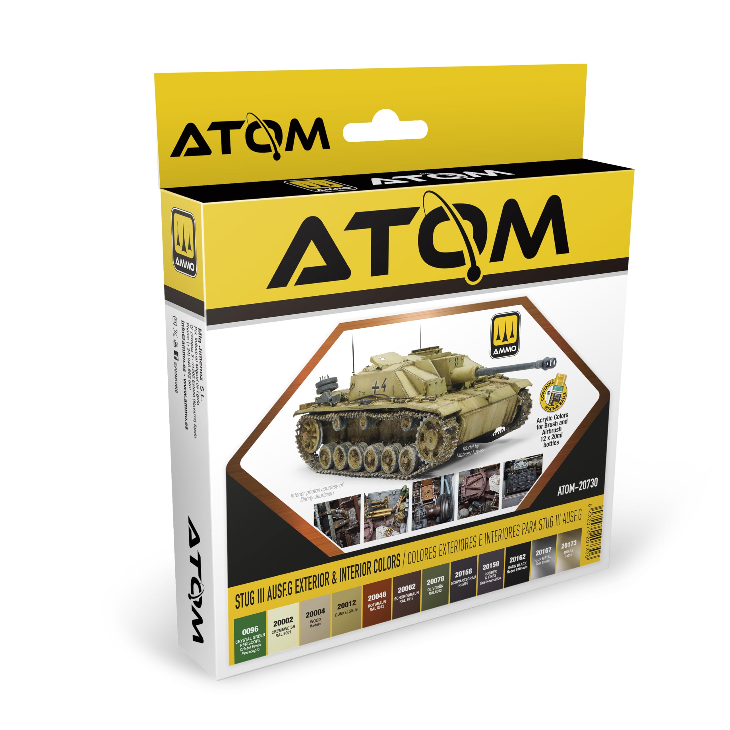 Mig Jimenez AMMO by ATOM StuG III Ausf.G Acrylfarben-Set für den Außen- und Innenbereich, 12 Farben für Staubpinsel und Airbrush, 20 ml Flaschen, Modell ATOM-20730