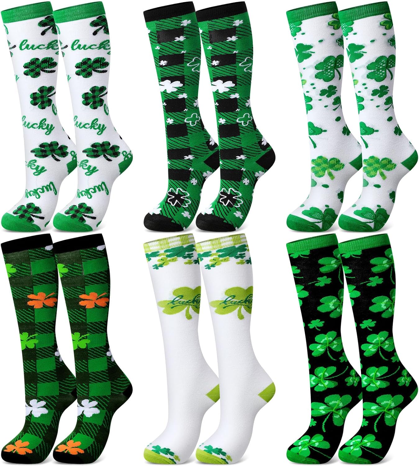 Liitrsh 6 Pair St. Patrick's Day Knee High Socks Bulk Green Shamrock Accessories Irish Party High Tube Socks for Women Girls