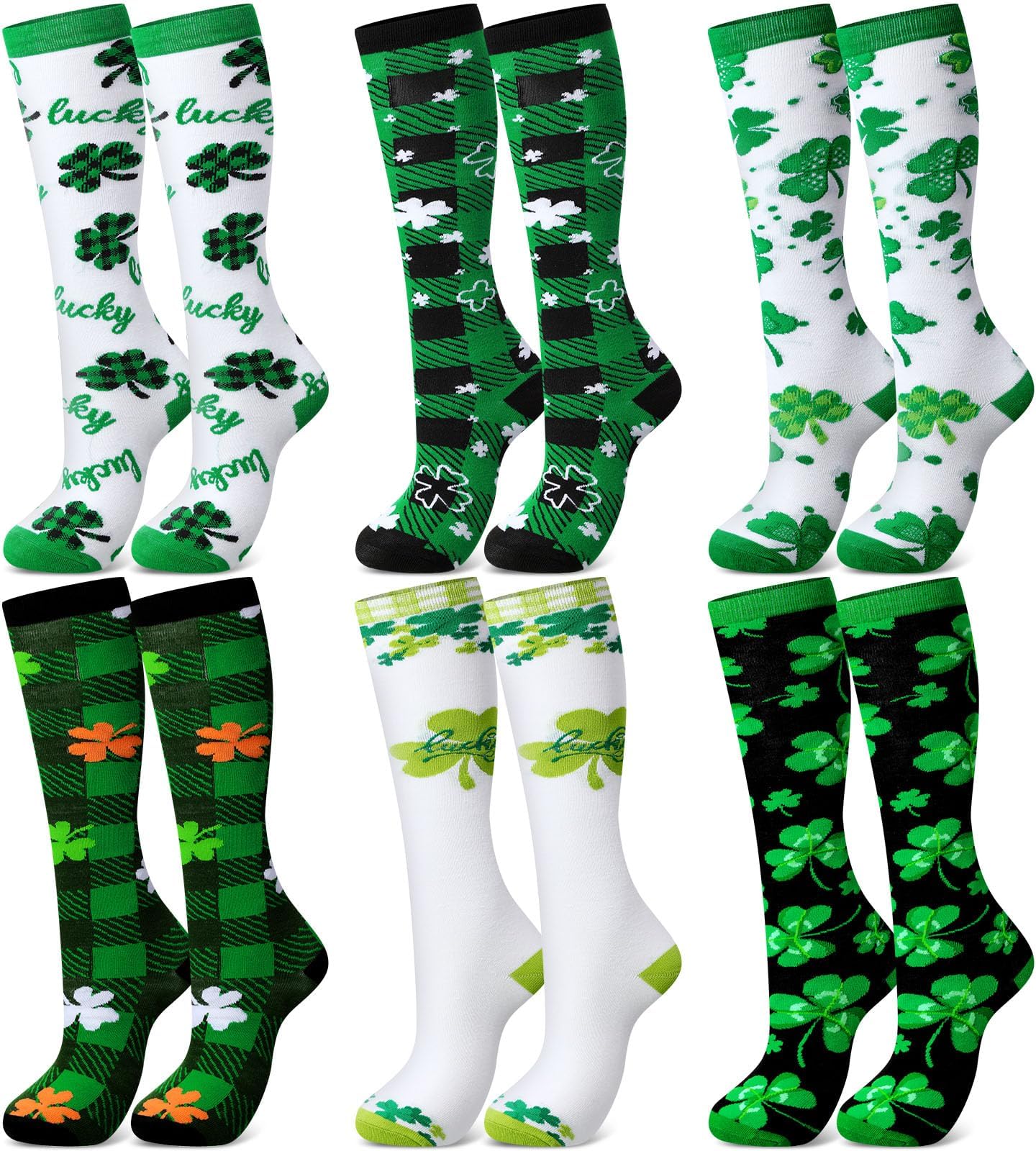 6 Pair St. Patrick's Day Knee High Socks Bulk Green Shamrock Accessories Irish Party High Tube Socks for Women Girls