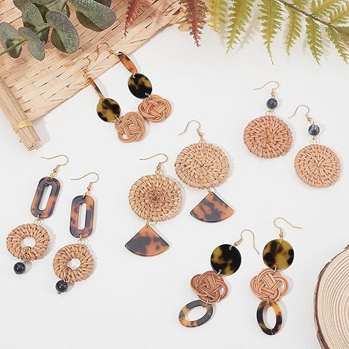 Miniatura 5 de SUNNYCLUE DIY Make 6 pares de aretes de ratán de mimbre hechos a mano, aros de paja tejidos, dijes bohemios, tejido de rafia, trenza, resina para
