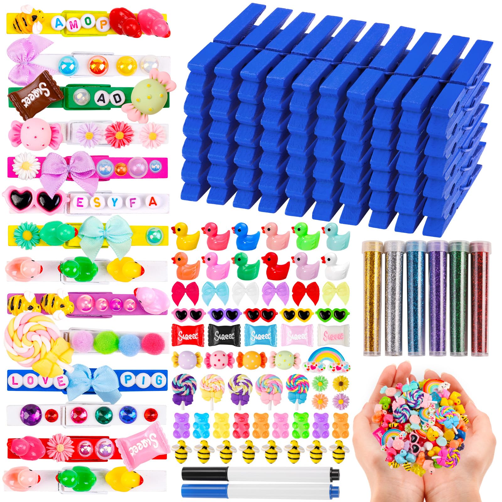 80 Set Cheer Pins Spirit Clips Clothes Wooden Pins for Backpacks Include 90 Mini Resin Animals 30 Mini Bows 500 Beads Cheer Clothespins Decorations Ribbon Team Classroom Cheer Gifts Bulk（Blue）