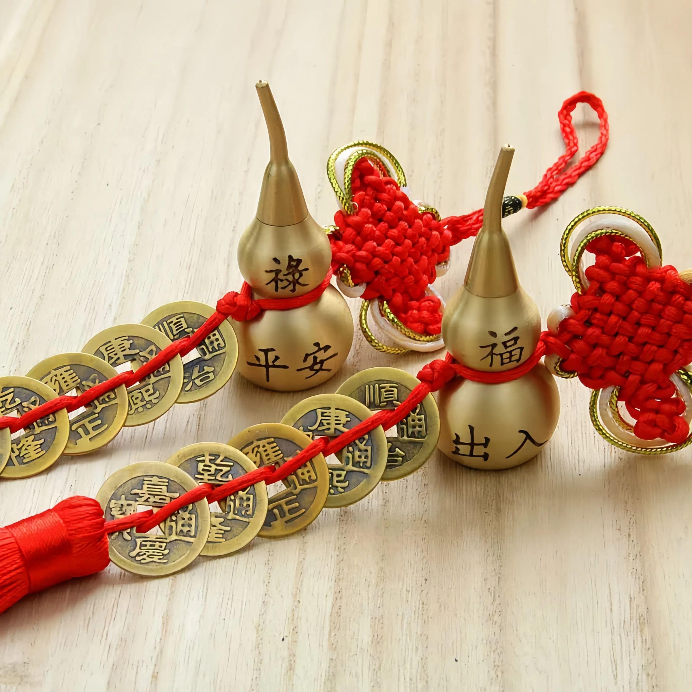 JANKINGS Brass Gourd and Five Emperor Coins Ornament with Feng Shui Chinese Knot and Tassels - Good Luck Hanging Ornament Gift.