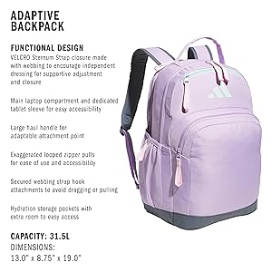 adidas Unisex Adaptive Backpack large size with features for independent dressing and ease of use, Powder Plum Purple/Semi Flash Aqua Blue/Clear Pink, One Size
