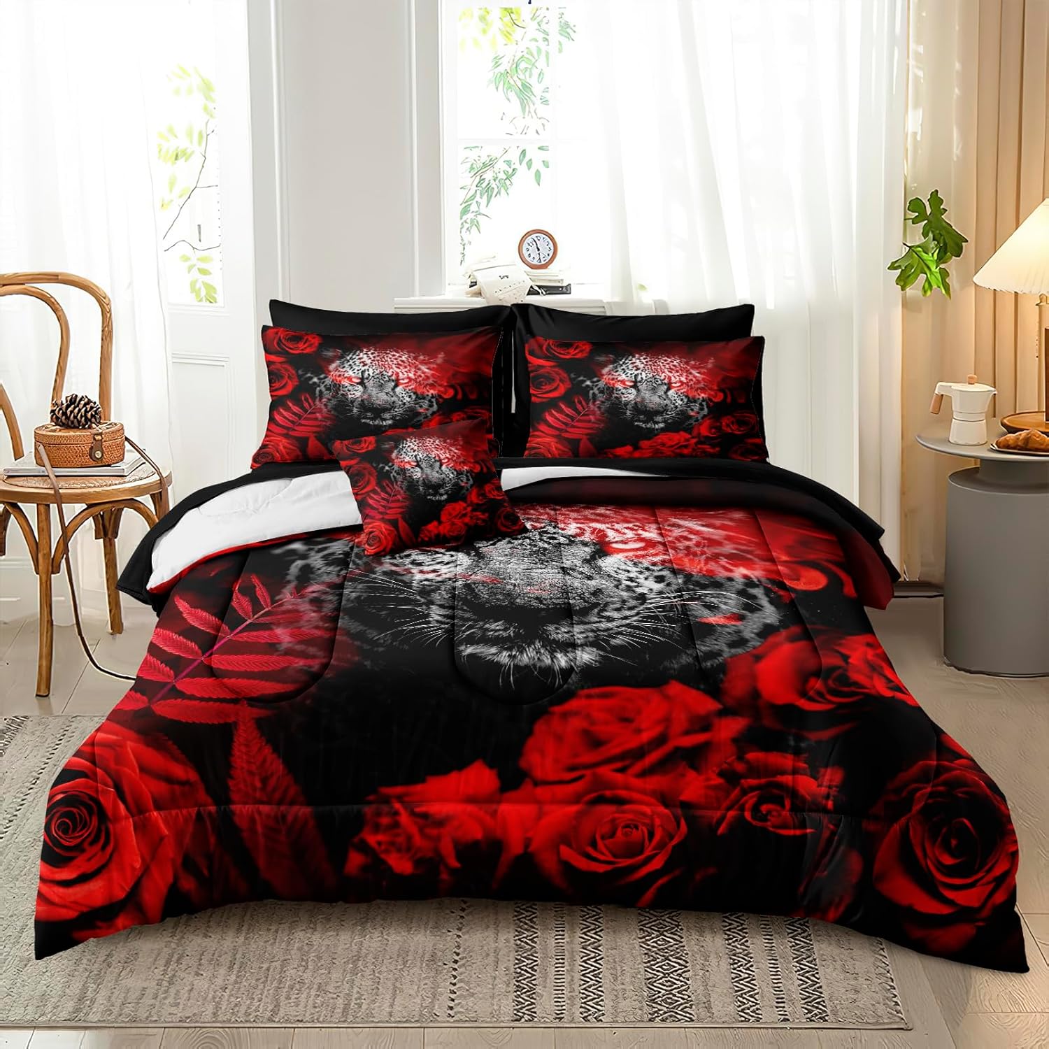 Bedbay Rose Leopard Comforter Set Queen Size Boys Teen Wildlife Cheetah Bedding Bed in a Bag Queen Set Red Rose Leopard Printed Soft Fluffy Comforter Bed Set 8 Pieces(Black,Queen)