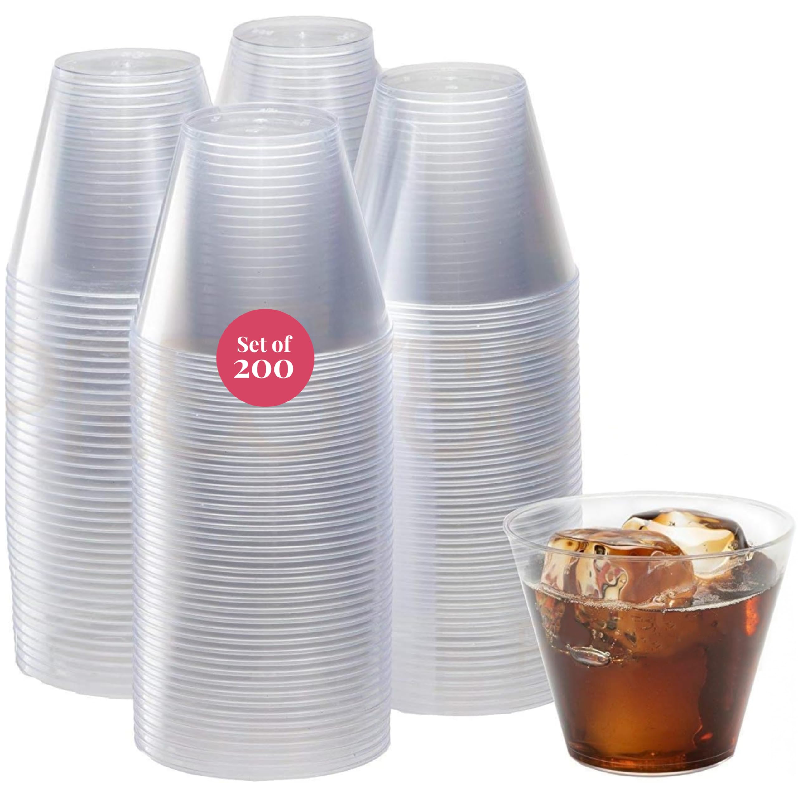 Prestee 200 Plastic Cups 9oz Clear Disposable Drinking Glasses for Parties, Weddings and Events - Hard Plastic Cocktail Tumblers, Reusable Party Cups for Wine, Slushies
