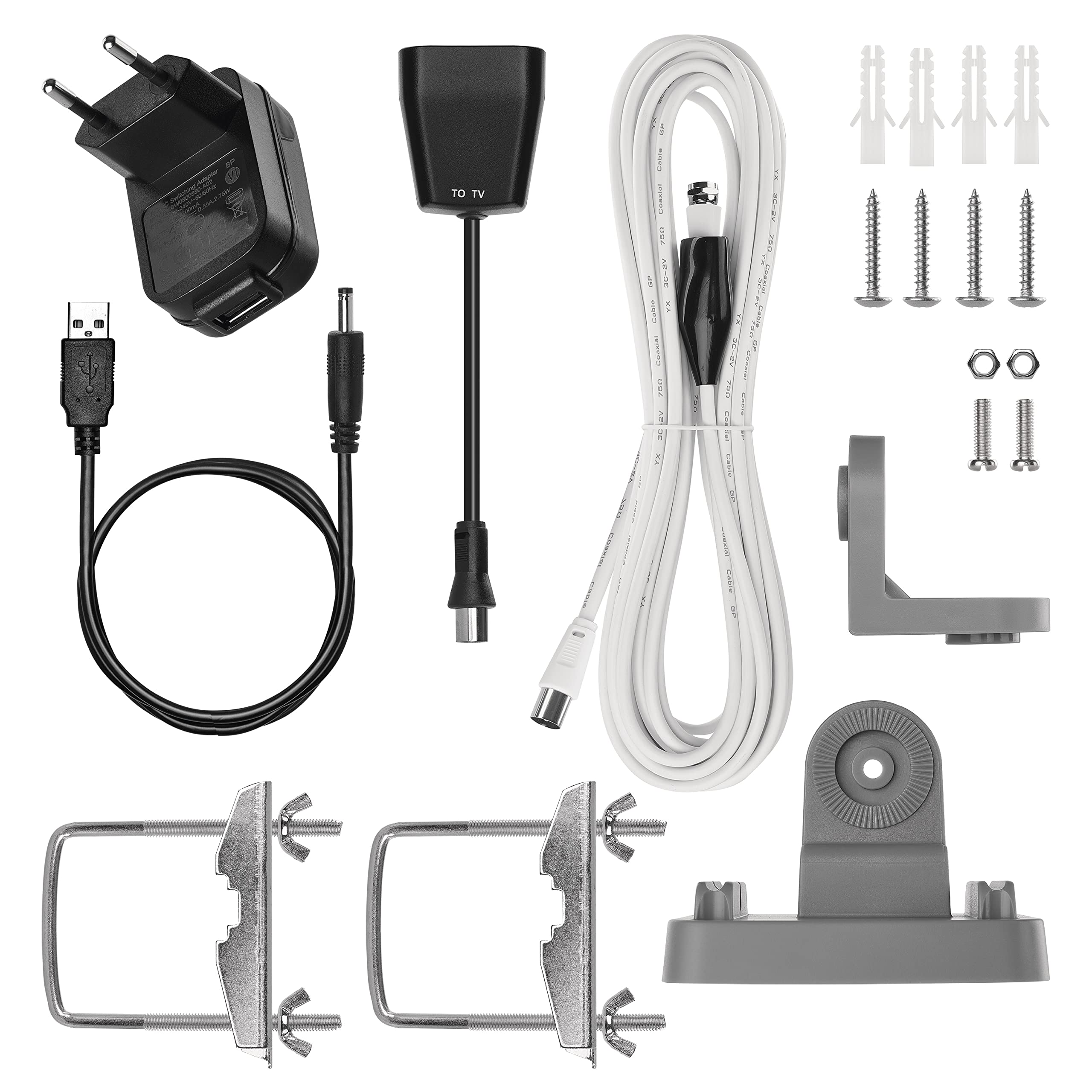 EMOS Antenna esterna con amplificatore per ricezione remota, VHF/UHF/DAB Outdoor TV Antenna per TV DVB-T/DVB-T2, portata 0-80 km, filtro di blocco LTE integrato, filtro 4G, 5G