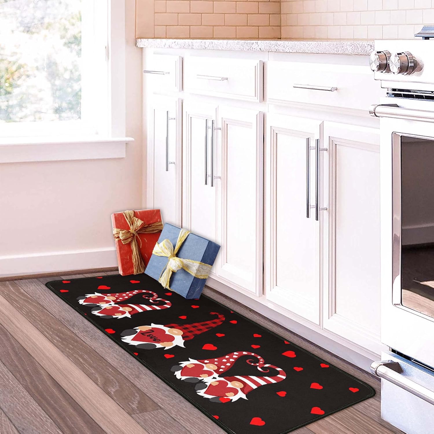 Valentine Kitchen Rug Set of 2 Kitchen Floor Mats Non-Slip Backing Valentines Day Gnomes Kitchen Mat Washable Seasonal Holiday Wedding Doormat Runner Rug 17"x47.2"+17"x30"