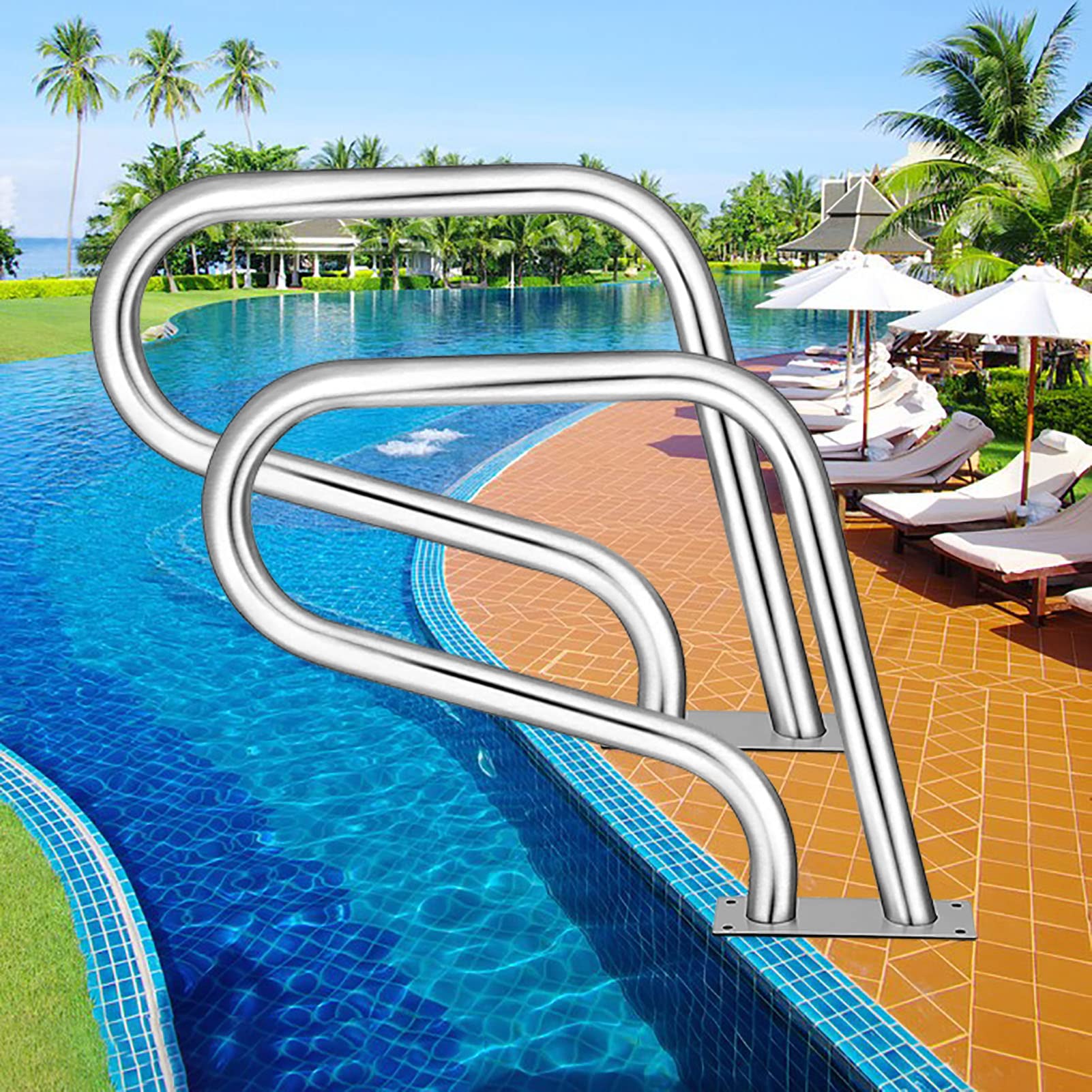 Main courante de piscine incurvée pour sécuriser l'entrée de l'eau lors des baignades en famille