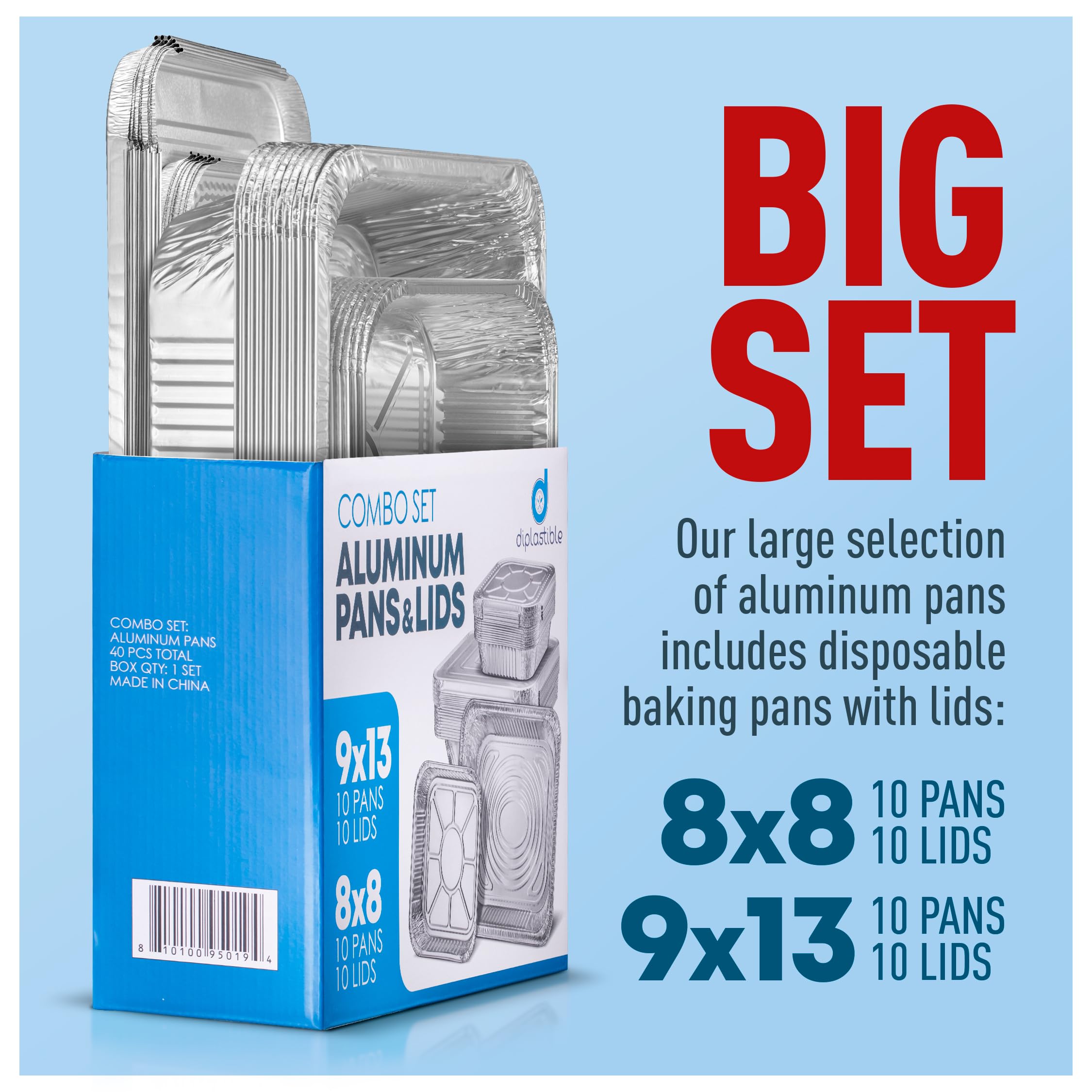 Diplastible Juego de sartenes de aluminio con tapas, desechables para hornear y pasteles, juego de (10 piezas) cuadrados de 8 pulgadas y (10 piezas) sartenes de aluminio de 9 x 13 pulgadas con tapas