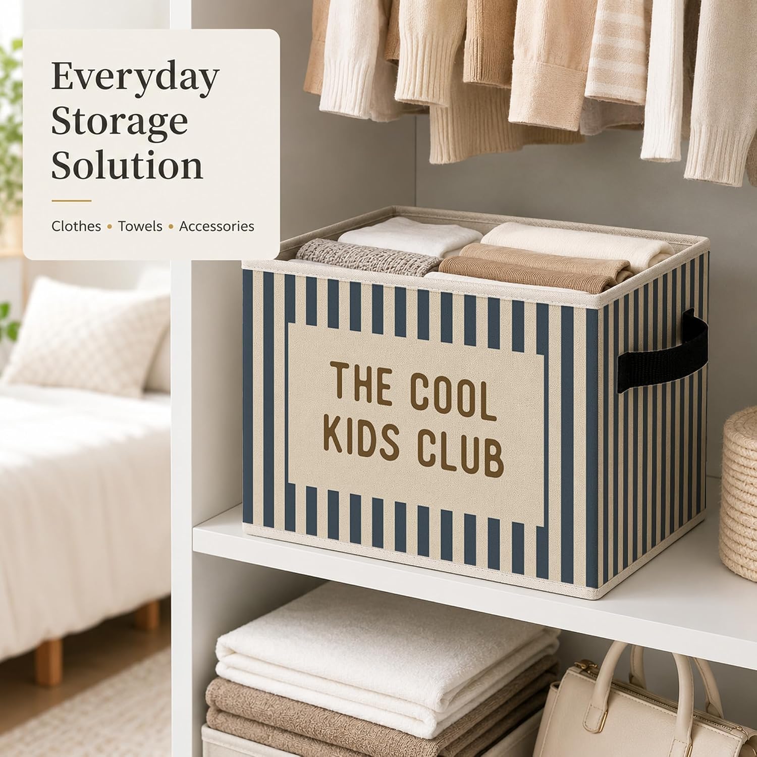 The Cool Kids Club Playroom Storage Basket with Handles, Retro Blue Striped Collapsible Fabric Storage Bin for Kids Room Nursery Bedroom Bathroom Clothes Books image 2
