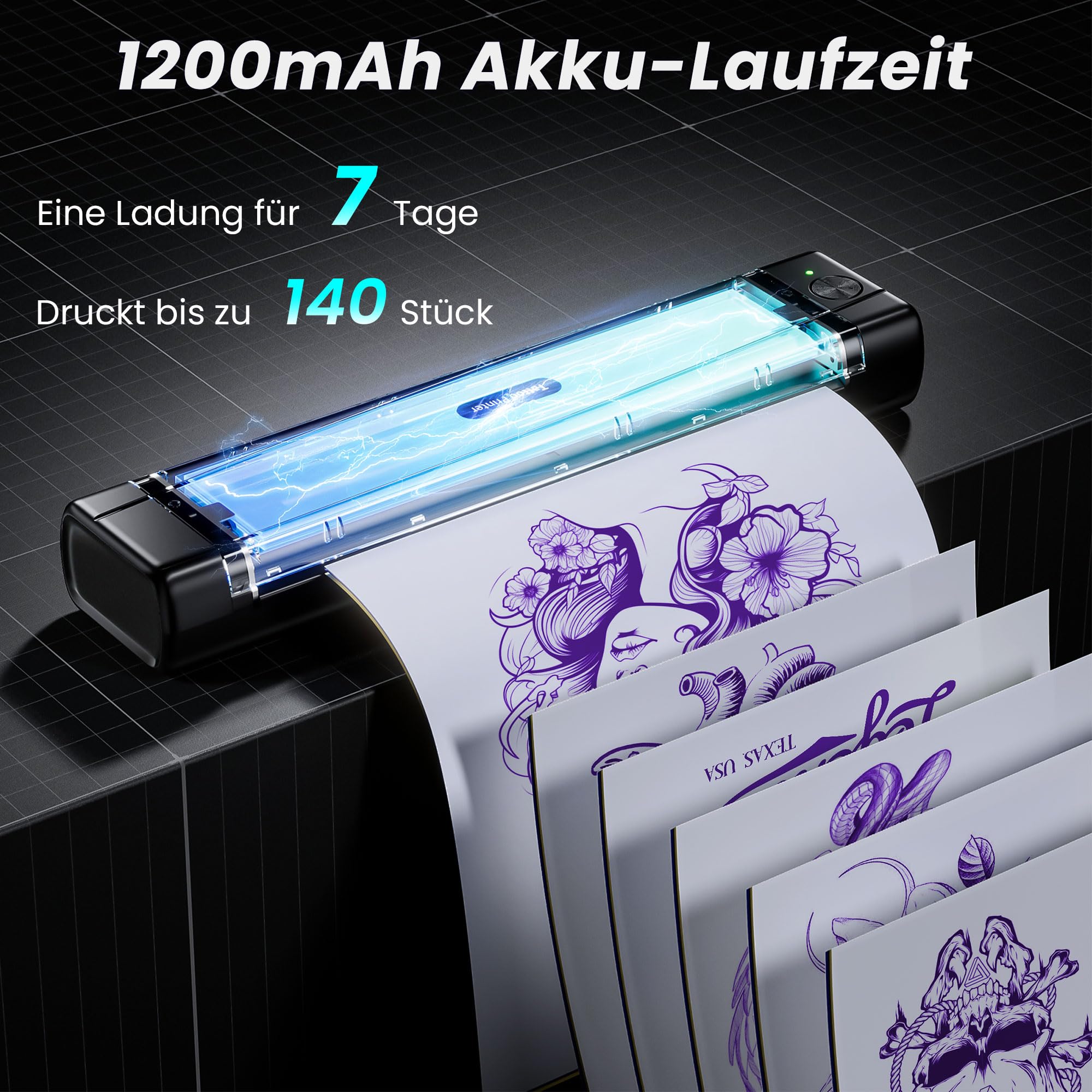 TATTMUSE Tattoo Drucker Bluetooth, Schablone Drucker mit 10 Stück Papier, A887 Stencil Drucker mit Smartphone & PC, Tattoo Transfer Nadeldrucker für Tattoo Künstler und Anfänger, Schwarz