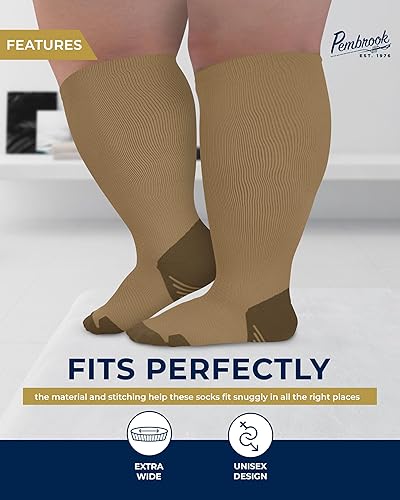 Miniatura 3 de Pembrook Calcetines de compresión de talla grande, pantorrilla ancha, hasta 6XL, 20-30 mmHg, color tostado, calcetines de compresión para mujer,