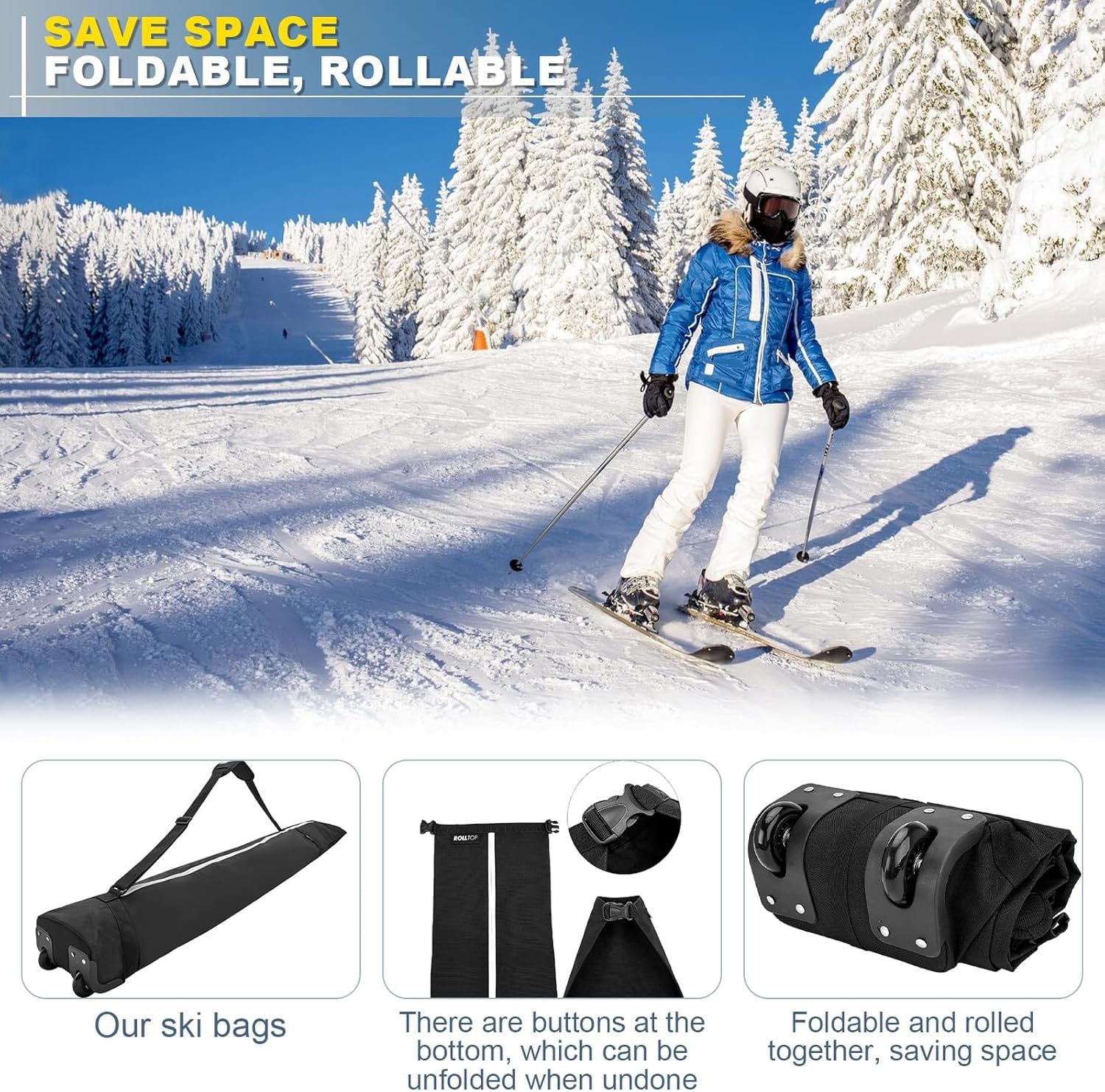Bolsa de snowboard con ruedas, bolsa de almacenamiento impermeable para equipo de esquí, longitud ajustable bolsa de esquí (63-79 pulgadas), bolsa de esquí plegable para tabla, botas, ropa