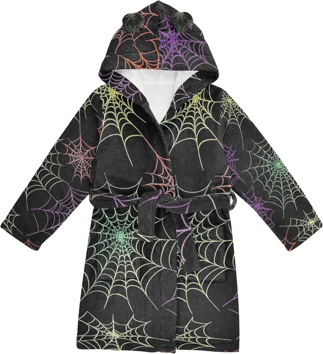 Colorful Spider Webs Halloween Black Bathrobe Hooded PJ Robe Soft Fleece Robe Pajama Sleepwears 2-12 Years
