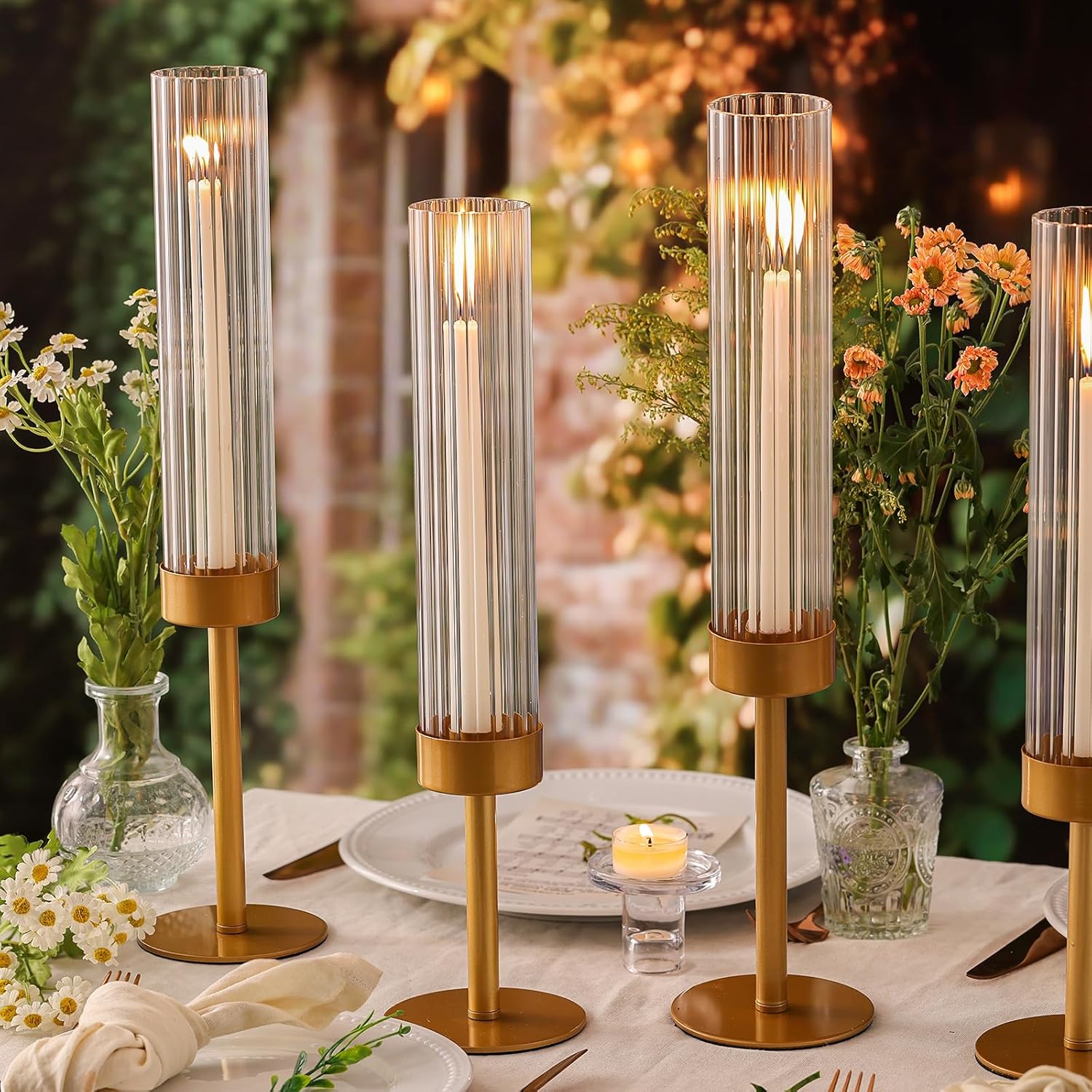Volens Hurricane Glass Candle Holders Gold: Set of 6 Taper Candle Holders with Ribbed Cylinder 11'' Tall Windproof Chimney Cover for Outdoor/Indoor Table Centerpiece Wedding Party Home Decor - Image 5