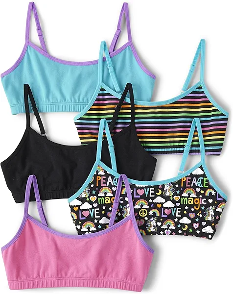 The Children's Place Girls Cotton Bralette Adjustable Strap 5-pack Bra Extender, Black | Gulfstream | Little Bow Pink | Peace Unis_black | Rainbow Stripe_black | Sparkle Pink | Stars_gulfstream | Stars_plum Twist, XX-Large US