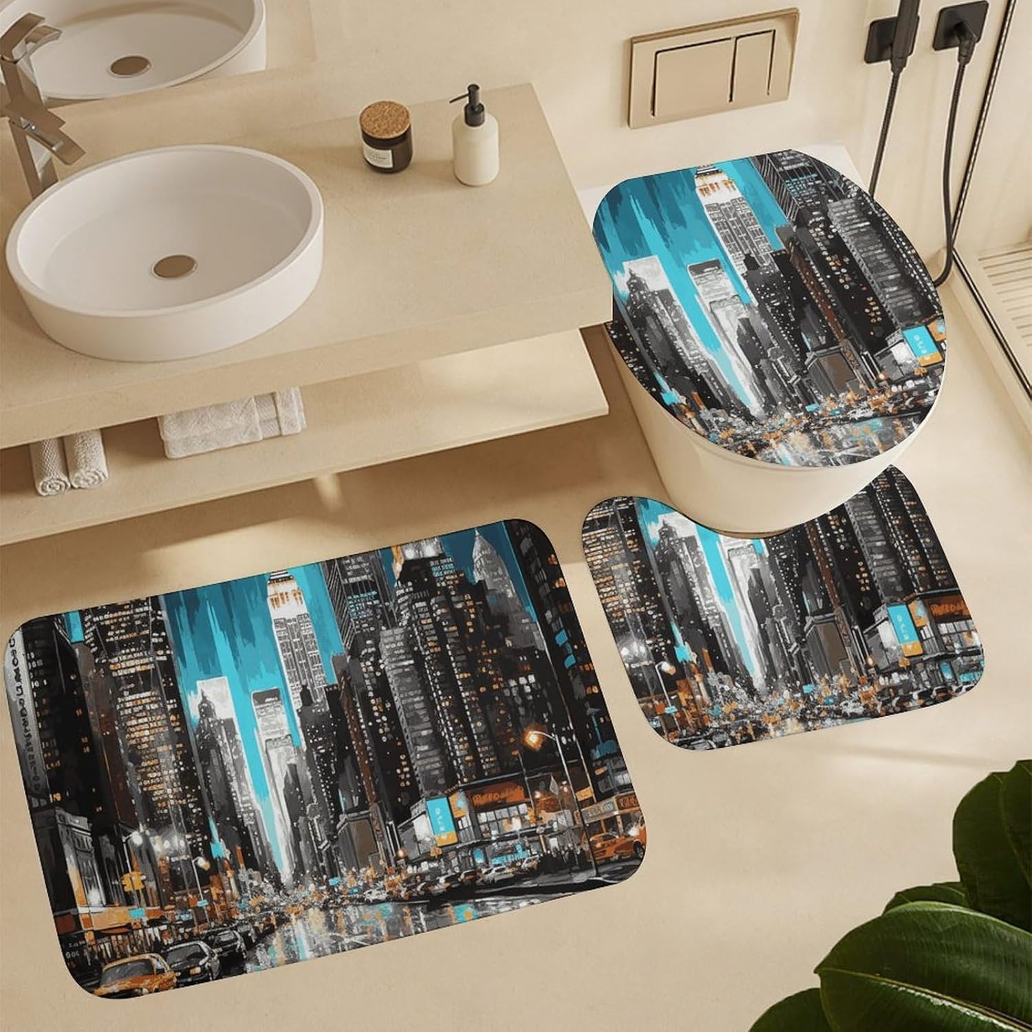 New York Paintings Shower Curtain Set 4 Piece, Non-Slip Bath Mat with Toilet Lid Cover and Waterproof Shower Curtain with 12 Hooks, Complete Bathroom Set for Home Decor