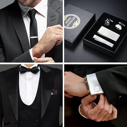 Miniatura 4 de LOYALLOOK 4Pcs Stainless Steel Engraved Initial Cufflinks and Tie Bar Money Clip Set Personalized Button Shirt Initials Tie Clip Alphabet Letter A-Z