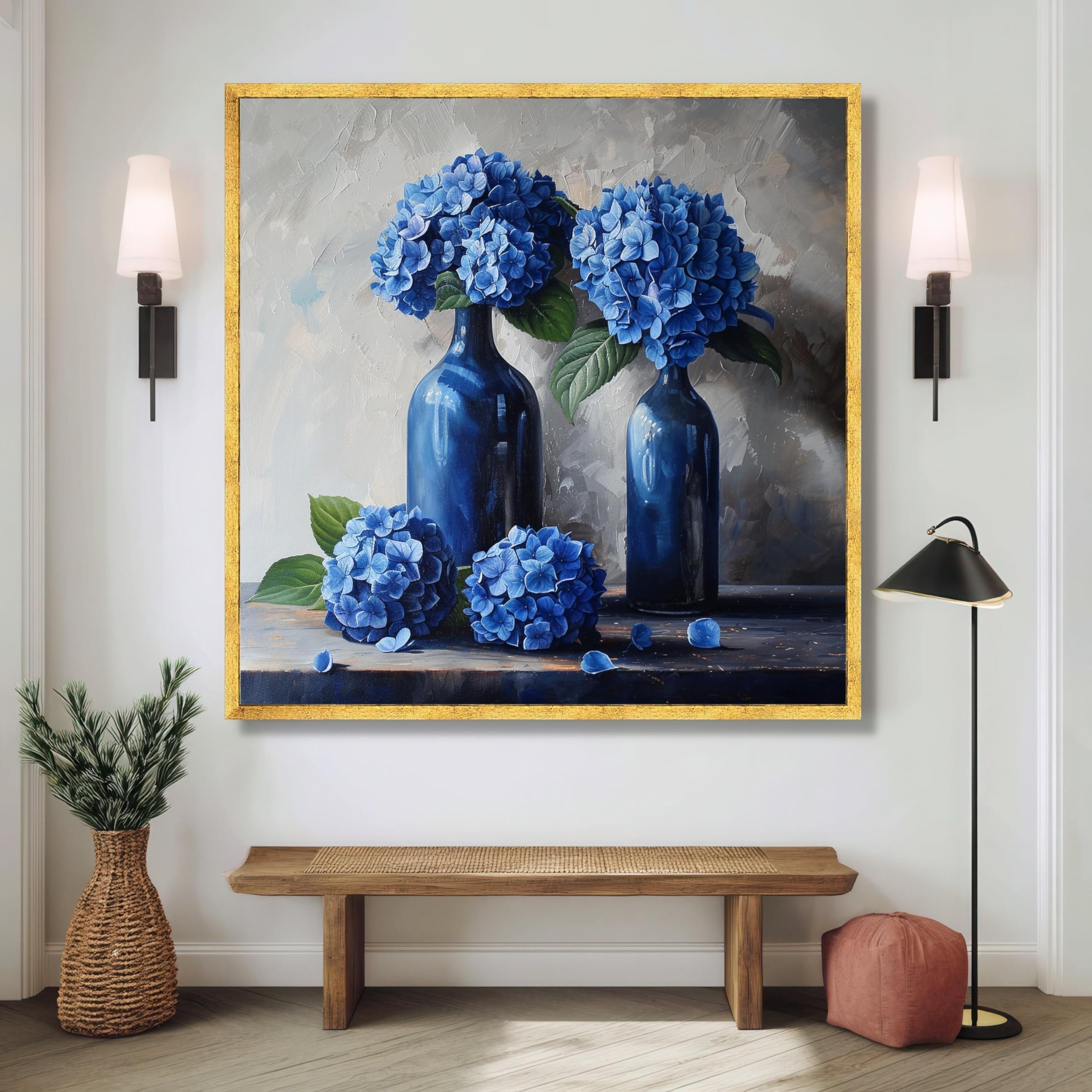 XINBAO Niebieskie kwiaty hortensji w ciemnoniebieskich butelkach płótno, kwiatowa martwa natura sztuka ścienna, dekoracja botaniczna, obraz kwiatowy na płótnie 55 x 55 cm bez ramy