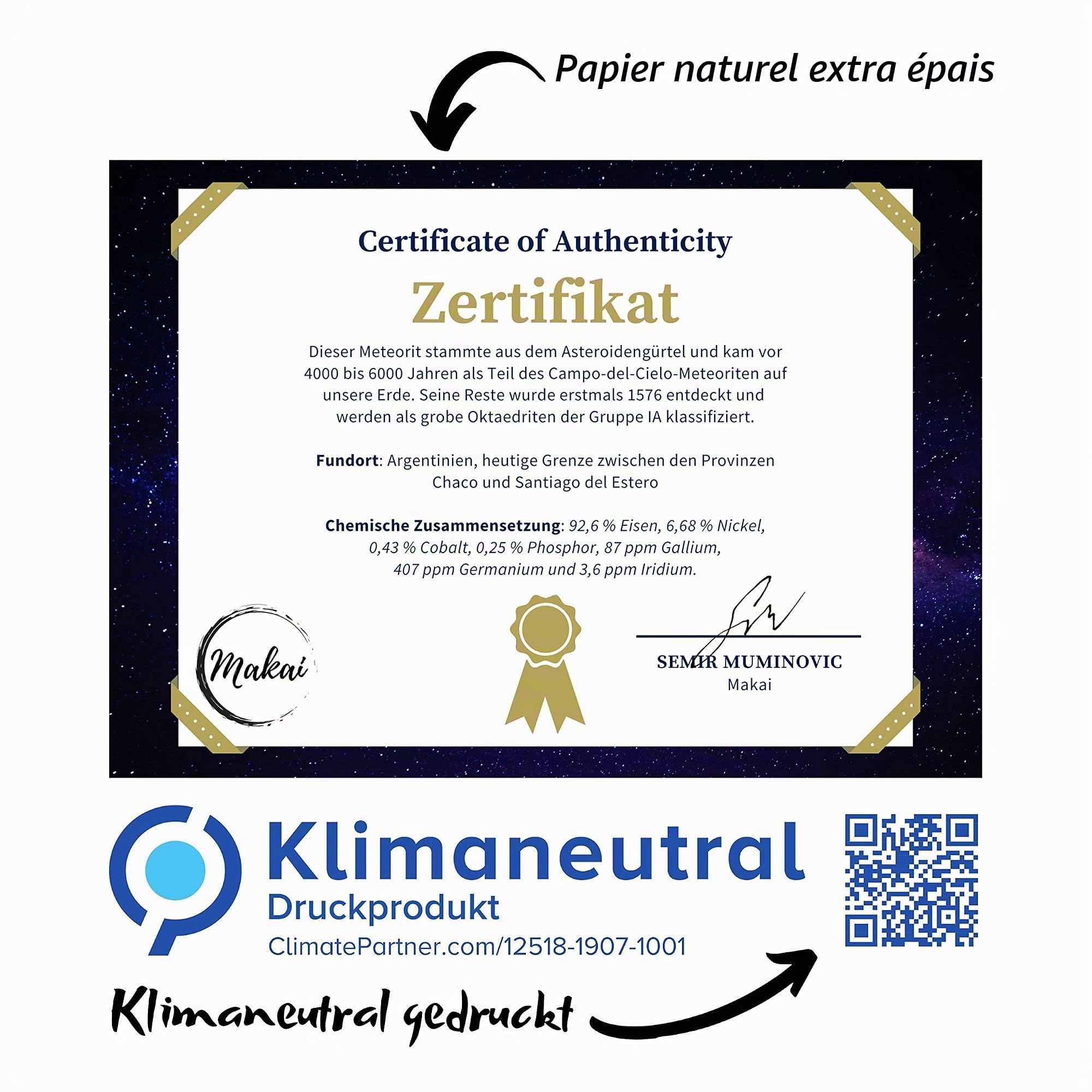 Makai Véritable météorite étoile filante avec certificat d'authenticité Boîte de carte cadeau personnalisée avec dédicace