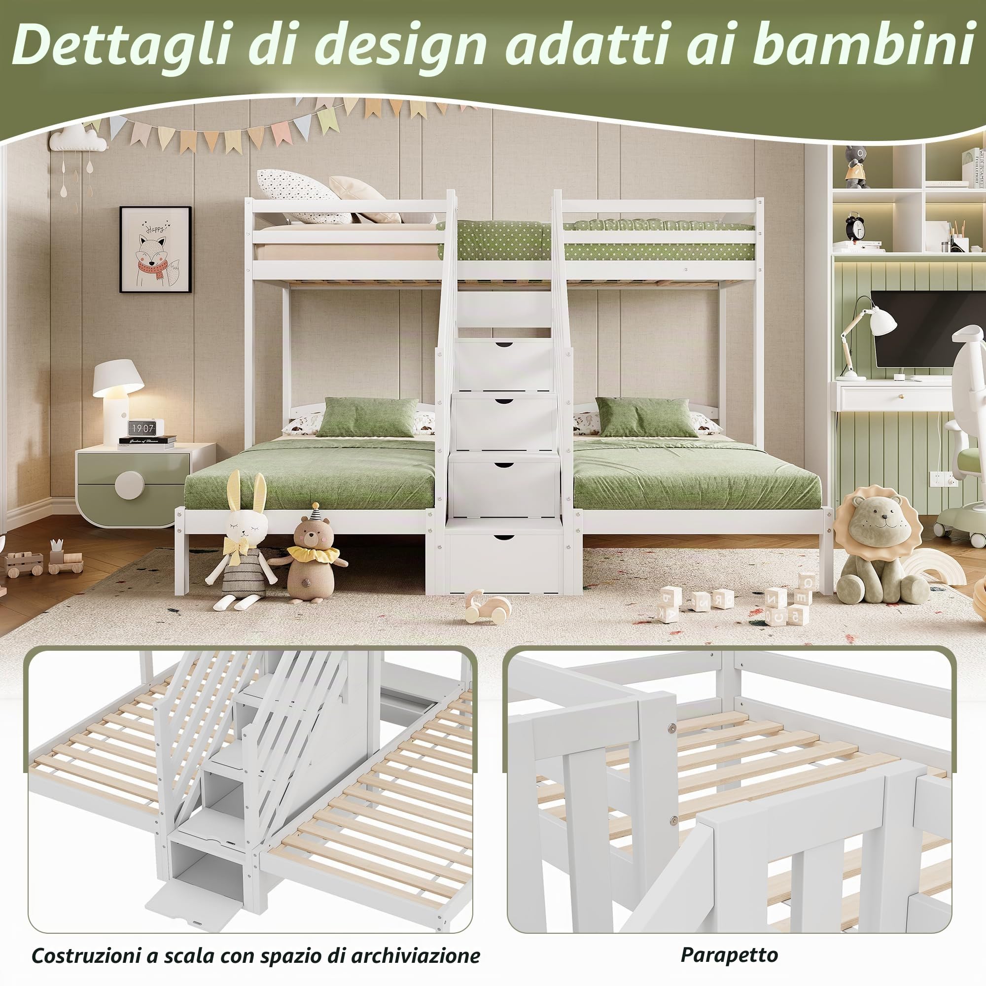Letto a castello, 90 x 200 cm, con 3 letti, scala sicura con spazio nascosto, letto con protezione anti-caduta e rete a doghe, ideale per una casa con 3 bambini, senza materasso, bianco