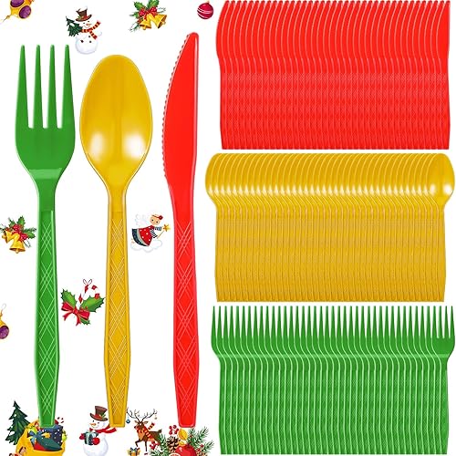 Gerrii Juego de cubiertos de plástico desechables de Navidad de 150 piezas, incluye 50 cucharas doradas, 50 tenedores verdes y 50 cuchillos rojos