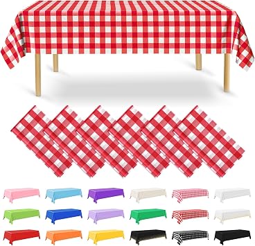 NACHLYNN 6 Pack Disposable Plastic Tablecloths 54 x 108 Inch Red Gingham Rectangle Table Cover for Holiday Party Engagement Weddings Baptism Birthday Decoration