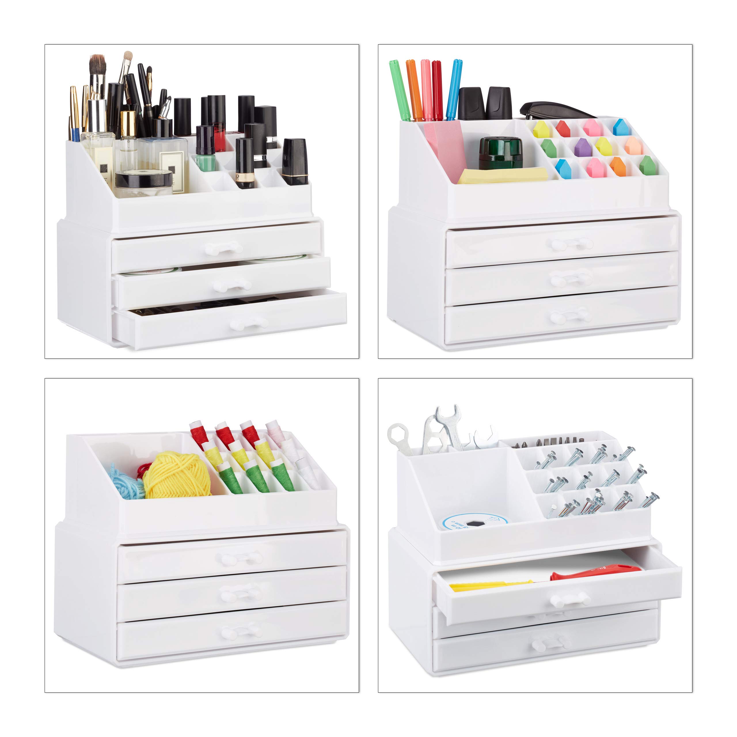 Relaxdays akrylowy organizer na kosmetyki, 2-częściowa szkatułka, na make up i biżuterię, 3 szufladki, kolor biały